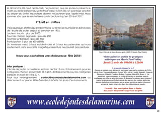 29
le dimanche 05 aout après-midi, ne jouteront, que les jouteurs présents le
matin au défilé (départ du lycée Paul Valéry à 10 h 30). Un pointage sera fait
au départ du défilé, les jouteurs absents ne jouteront pas l’après-midi. Nous
sommes sûrs que le résultat sera aussi concluant qu’en 2016 et 2017.
L’’EJMS en chiffres :
Voici quelques chiffres qui en disent long sur le travail fourni par les bénévoles
de l’école de joutes depuis sa création en 1976.
Jouteurs inscrits : plus de 3 000
Tournois chariots organisés : plus de 650
Tournois sur barques : plus de 450
Participation à plus de 450 défilés
Un immense merci à tous les bénévoles et à tous les partenaires qui nous
soutiennent, sans eux cette magnifique aventure ne pourrait pas perdurer.
Nous vous souhaitons une chaleureuse fête 2018 !
Infos pratiques :
L’école de joutes accueille les enfants de 3 à 15 ans. Entrainements pour les
catégories chariots le mardi de 18 à 20 h - Entrainements pour les catégories
barques le jeudi de 18 à 20 h.
Pour tous renseignements : contact@ecoledejoutesdelamarine.com ou
directement sur place, Môle Saint-Louis à Sète, les jours d’entrainements.
 