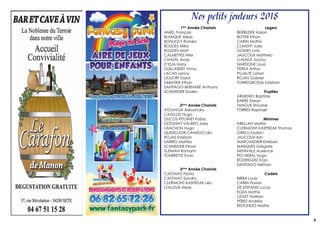 Nos petits jouteurs 2018
1ère
Année Chariots
AMIEL François
BLANQUE Alexis
BONIJOLY Roméo
BOUDES Mika
BOUDES Matt
CALMETTES Félix
CHAZAL Andy
D’ELIA Harry
GUILLABERT Vinny
LACAN Lenny
LIGUORI Taylor
SABATIER Ethan
SANTIAGO-BERNABÉ Anthony
SCHNEIDER Eaden
2ème
Année Chariots
ATOUNGA Alessandro
CAZELLES Hugo
DUCOS-PITOINET Pablo
GOGNIAT-VALERO Joey
LANCHON Hugo
QUIDELLEUR-CAMÉLIO Léo
ROJAS Esteban
SARRIO Mattéo
SCHNEIDER Ethan
SLEIMAN Romann
TOURRETTE Evan
3ème
Année Chariots
CASTANO Flavio
CASTANO Sandro
CLERMONT-KASPRZAK Léo
LOILLEUX Alexis
Legers
BERBEZIER Aaron
BOYER Ethan
CARIN Mathis
CLIMENT Jules
GOMES Livio
JALICOUX Matthéo
LLANSOL Sacha
NARDONE Louis
PEREA Arthur
PUJALTE Lohan
ROJAS Gabriel
TORREGROSSA Esteban
Pupilles
ARMENIO Baptiste
BARRE Erwan
TANGUE Shivane
TORRES Raphael
Minimes
ABELLAN Mathis
CLERMONT-KASPRZAK	Thomas
GIRELLI	Giulian
JALICOUX Ilan
MARCHADIER Esteban
MARQUES Grégoire
MENIVALE Auxence
PECHERAL Hugo
RODRIGUEZ Enzo
SANTIAGO Nethan
	
Cadets
BIRBA Louis
CARIN Florian
DE STEFANIS Lucas
EGEA Mathis
LAGET Nathan
PÉREZ Andréa
REDONDO Mathis
9
 