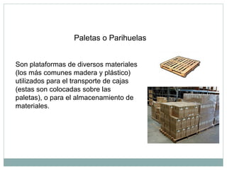Paletas o Parihuelas
Son plataformas de diversos materiales
(los más comunes madera y plástico)
utilizados para el transporte de cajas
(estas son colocadas sobre las
paletas), o para el almacenamiento de
materiales.
 