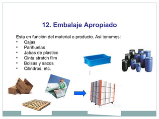 12. Embalaje Apropiado
Esta en función del material o producto. Asi tenemos:
• Cajas
• Parihuelas
• Jabas de plastico
• Cinta stretch film
• Bolsas y sacos
• Cilindros, etc.
 