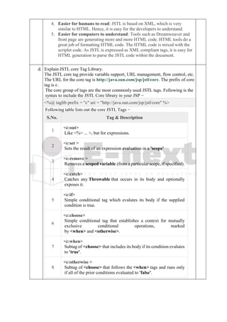 4. Easier for humans to read: JSTL is based on XML, which is very
similar to HTML. Hence, it is easy for the developers to understand.
5. Easier for computers to understand: Tools such as Dreamweaver and
front page are generating more and more HTML code. HTML tools do a
great job of formatting HTML code. The HTML code is mixed with the
scriplet code. As JSTL is expressed as XML compliant tags, it is easy for
HTML generation to parse the JSTL code within the document.
d. Explain JSTL core Tag Library.
The JSTL core tag provide variable support, URL management, flow control, etc.
The URL for the core tag is http://java.sun.com/jsp/jstl/core. The prefix of core
tag is c.
The core group of tags are the most commonly used JSTL tags. Following is the
syntax to include the JSTL Core library in your JSP −
<%@ taglib prefix = "c" uri = "http://java.sun.com/jsp/jstl/core" %>
Following table lists out the core JSTL Tags −
S.No. Tag & Description
1
<c:out>
Like <%= ... >, but for expressions.
2
<c:set >
Sets the result of an expression evaluation in a 'scope'
3
<c:remove >
Removes a scoped variable (from a particular scope, if specified).
4
<c:catch>
Catches any Throwable that occurs in its body and optionally
exposes it.
5
<c:if>
Simple conditional tag which evalutes its body if the supplied
condition is true.
6
<c:choose>
Simple conditional tag that establishes a context for mutually
exclusive conditional operations, marked
by <when> and <otherwise>.
7
<c:when>
Subtag of <choose> that includes its body if its condition evalutes
to 'true'.
8
<c:otherwise >
Subtag of <choose> that follows the <when> tags and runs only
if all of the prior conditions evaluated to 'false'.
 