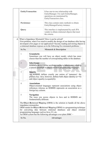 EntityTransaction It has one-to-one relationship with
EntityManager. For each EntityManager,
operations are maintained by
EntityTransaction class.
Persistence This class contain static methods to obtain
EntityManagerFactory instance.
Query This interface is implemented by each JPA
vendor to obtain relational objects that meet
the criteria.
d. What is Impedance Mismatch? How it can be solved?
First problem, what if we need to modify the design of our database after having
developed a few pages or our application? Second, loading and storing objects in
a relational database exposes us to the following five mismatch problems −
Sr.No. Mismatch & Description
1 Granularity
Sometimes you will have an object model, which has more
classes than the number of corresponding tables in the database.
2 Inheritance
RDBMSs do not define anything similar to Inheritance, which is
a natural paradigm in object-oriented programming languages.
3 Identity
An RDBMS defines exactly one notion of 'sameness': the
primary key. Java, however, defines both object identity (a==b)
and object equality (a.equals(b)).
4 Associations
Object-oriented languages represent associations using object
references whereas an RDBMS represents an association as a
foreign key column.
5 Navigation
The ways you access objects in Java and in RDBMS are
fundamentally different.
The Object-Relational Mapping (ORM) is the solution to handle all the above
impedance mismatches
ORM stands for Object-Relational Mapping (ORM) is a programming technique
for converting data between relational databases and object oriented
programming languages such as Java, C#, etc.
An ORM system has the following advantages over plain JDBC −
Sr.No. Advantages
 