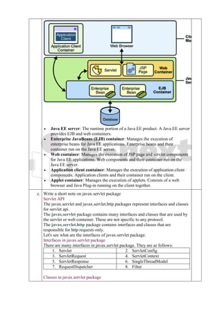 • Java EE server: The runtime portion of a Java EE product. A Java EE server
provides EJB and web containers.
• Enterprise JavaBeans (EJB) container: Manages the execution of
enterprise beans for Java EE applications. Enterprise beans and their
container run on the Java EE server.
• Web container: Manages the execution of JSP page and servlet components
for Java EE applications. Web components and their container run on the
Java EE server.
• Application client container: Manages the execution of application client
components. Application clients and their container run on the client.
• Applet container: Manages the execution of applets. Consists of a web
browser and Java Plug-in running on the client together.
c. c
.
Write a short note on javax.servlet package
Servlet API
The javax.servlet and javax.servlet.http packages represent interfaces and classes
for servlet api.
The javax.servlet package contains many interfaces and classes that are used by
the servlet or web container. These are not specific to any protocol.
The javax.servlet.http package contains interfaces and classes that are
responsible for http requests only.
Let's see what are the interfaces of javax.servlet package.
Interfaces in javax.servlet package
There are many interfaces in javax.servlet package. They are as follows:
1. Servlet 2. ServletConfig
3. ServletRequest 4. ServletContext
5. ServletResponse 6. SingleThreadModel
7. RequestDispatcher 8. Filter
Classes in javax.servlet package
 