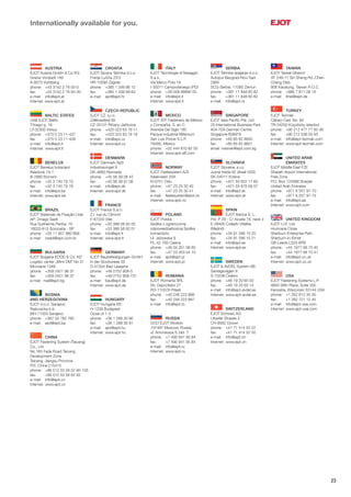 23
Internationally available for you.
AUSTRIA
EJOT Austria GmbH & Co KG
Grazer Vorstadt 146
A-8570 Voitsberg
phone: +43 3142 2 76 00-0
fax: +43 3142 2 76 00-30
e-mail: info@ejot.at
Internet: www.ejot.at
BALTIC STATES
UAB EJOT Baltic
Titnago g. 19
LT-02300 Vilnius
phone: +370 5 23 11-437
fax: +370 5 23 11-439
e-mail: info@ejot.lt
Internet: www.ejot.lt
BENELUX
EJOT Benelux bvba/sprl
Reedonk 19-1
B-2880 Bornem
phone: +32 3 740 79 70
fax: +32 3 740 79 79
e-mail: info@ejot.be
Internet: www.ejot.be
BRAZIL
EJOT Sistemas de Fixação Ltda.
AP: Zmago Seidl
Rua Guilherme Penha, 75
18020-615 Sorocaba - SP
phone: +55 11 957 880 669
e-mail: zseidl@ejot.com.br
BULGARIA
EJOT Bulgaria EOOD & Co. KD
Logistic center „Mimi DM“ No 31
Miroviane 1289
phone: +359 2421 96 37
fax: +359 2421 96 37
e-mail: mail@ejot.bg
BOSNIA
AND HERZEGOVINA
EJOT d.o.o. Sarajevo
Rajlovacka b.b.
BiH-71000 Sarajevo
phone: +387 33 782 760
e-mail: ejot@ejot.ba
CHINA
EJOT Fastening System (Taicang)
Co., Ltd
No.165 Fada Road Taicang
Development Zone
Taicang, Jiangsu Province
P.R. China 215413
phone: +86 512 53 56 52 90-105
fax: +86 512 53 56 62 92
e-mail: info@ejot.cn
Internet: www.ejot.cn
CROATIA
EJOT Spojna Tehnika d.o.o.
Franje Lučića 23/3
HR-10090 Zagreb
phone: +385 1 349 86 12
fax: +385 1 349 89 63
e-mail: ejot@ejot.hr
CZECH REPUBLIC
EJOT CZ, s.r.o.
Zdĕbradská 65
CZ-25101 Řičany-Jažlovice
phone: +420 323 63 78 11
fax: +420 323 63 78 18
e-mail: info@ejot.cz
Internet: www.ejot.cz
DENMARK
EJOT Danmark ApS
Industrisvinget 8
DK-4683 Rønnede
phone: +45 56 39 08 42
fax: +45 56 39 91 06
e-mail: info@ejot.dk
Internet: www.ejot.dk
FRANCE
EJOT France S.à.r.l.
Z.l. rue du Climont
F-67220 Villé
phone: +33 388 58 92 00
fax: +33 388 58 92 01
e-mail: info@ejot.fr
Internet: www.ejot.fr
GERMANY
EJOT Baubefestigungen GmbH
In der Stockwiese 35
D-57334 Bad Laasphe
phone: +49 2752 908-0
fax: +49 2752 908-731
e-mail: bau@ejot.de
Internet: www.ejot.de
HUNGARY
EJOT Hungaria Kft.
H-1239 Budapest
Ócsai út 1-3
phone: +36 1 289 30 90
fax: +36 1 289 30 91
e-mail: ejot@ejot.hu
Internet: www.ejot.hu
ITALY
EJOT Tecnologie di ﬁssaggio
S.a.s.
Via Marco Polo 16
I-35011 Campodarsego (PD)
phone: +39 049 98690 00
e-mail: info@ejot.it
Internet: www.ejot.it
MEXICO
EJOT ATF Fasteners de México
y Compañia, S. en C.
Avenida Del Siglo 180
Parque Industrial Millenium
San Luis Potosi S.L.P.
78395, México
phone: +52 444 870 82 00
Internet: www.ejot-atf.com
NORWAY
EJOT Festesystem A/S
Aslakveien 20A
N-0701 Oslo
phone: +47 23 25 30 40
fax: +47 23 25 30 41
e-mail: festesystem@ejot.no
Internet: www.ejot.no
POLAND
EJOT Polska
Spółka z ograniczoną
odpowiedzialnością Spółka
komandyto
Ul. Jeżowska 9
PL-42-793 Ciasna
phone: +48 34 351 06 60
fax: +47 23 353 54 10
e-mail: ejot@ejot.pl
Internet: www.ejot.pl
ROMANIA
EJOT Romania SRL
Str. Depozitelor 27
RO-110078 Pitesti
phone: +40 248 223 886
fax: +40 248 223 887
e-mail: info@ejot.ro
RUSSIA
OOO EJOT Wostok
107497 Moscow, Russia
ul. Amurskaya 5, bld. 7
phone: +7 495 941 95 84
fax: +7 495 941 95 84
e-mail: info@ejot.ru
Internet: www.ejot.ru
SERBIA
EJOT Tehnika spajanja d.o.o.
Autoput Beograd-Novi Sad
296X
SCG-Serbia, 11080 Zemun
phone: +381 11 848 60 82
fax: +381 11 848 60 82
e-mail: info@ejot.rs
SINGAPORE
EJOT Asia Paciﬁc Pte. Ltd.
25 International Business Park
#04-70A German Centre
Singapore 609916
phone: +65 65 62 8600
fax: +65 65 62 8601
email: mexner@ejot.com.sg
SLOVAKIA
EJOT Slovakia, s.r.o.
Juzná trieda 82 (Areál VSS)
SK-04017 Košice
phone: +421 55 622 17 60
fax: +421 55 678 09 57
e-mail: info@ejot.sk
Internet: www.ejot.sk
SPAIN
EJOT Ibérica S. L.
Pol. P 29 - C/ Azuela 78, nave 4
E-28400 Collado Villalba
(Madrid)
phone: +34 91 286 10 20
fax: +34 91 286 10 21
e-mail: info@ejot.es
Internet: www.ejot.es
SWEDEN
EJOT & AVDEL System AB
Santagsvägen 9
S-70236 Örebro
phone: +46 19 20 65 00
fax: +46 19 20 65 14
e-mail: info@ejot-avdel.se
Internet: www.ejot-avdel.se
SWITZERLAND
EJOT Schweiz AG
Uttwiler Strasse 3
CH-8582 Dozwil
phone: +41 71 414 52 22
fax: +41 71 414 52 50
e-mail: info@ejot.ch
Internet: www.ejot.ch
TAIWAN
EJOT Taiwan Branch
4F, 248-17 Sin Sheng Rd.,Chien
Cheng Distr.
806 Kaosiung, Taiwan R.O.C.
phone: +886 7 811 08 18
e-mail: ithiel@ejot.de
TURKEY
EJOT Tezmak
Cebeci Cad. No. 84
TR-34250 Küçükköy-Istanbul
phone: +90 212 477 77 92-95
fax: +90 212 538 00 93
e-mail: info@ejot-tezmak.com
Internet: www.ejot-tezmak.com
UNITED ARAB
EMIRATES
EJOT Middle East FZE
Sharjah Airport International
Free Zone
P.O. Box 120588 Sharjah
United Arab Emirates
phone: +971 6 557 97-70
fax: +971 6 557 97-75
e-mail: info@ejot.ae
Internet: www.ejot.com
UNITED KINGDOM
EJOT U.K. Ltd.
Hurricane Close
Sherburn Enterprise Park
Sherburn-in-Elmet
GB-Leeds LS25 6PB
phone: +44 1977 68 70 40
fax: +44 1977 68 70 41
e-mail: info@ejot.co.uk
Internet: www.ejot.co.uk
USA
EJOT Fastening Systems L.P.
9900 58th Place, Suite 300
Kenosha, Wisconsin 53144 USA
phone: +1 262 612 35 50
fax: +1 262 721 12 45
e-mail: info@ejot-usa.com
Internet: www.ejot-usa.com
 
