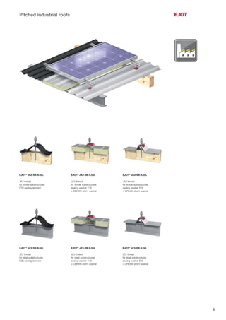 5
EJOT®
JZ3-SB-8.0xL
JZ3 thread
for steel substructures
sealing washer E16
+ ORKAN storm washer
EJOT®
JA3-SB-8.0xL
JA3 thread
for timber substructures
sealing washer E16
+ ORKAN storm washer
EJOT®
JZ3-SB-8.0xL
JZ3 thread
for steel substructures
sealing washer E16
+ ORKAN storm washer
EJOT®
JA3-SB-8.0xL
JA3 thread
for timber substructures
sealing washer E16
+ ORKAN storm washer
EJOT®
JZ3-SB-8.0xL
JZ3 thread
for steel substructures
FZD sealing element
EJOT®
JA3-SB-8.0xL
JA3 thread
for timber substructures
FZD sealing element
Pitched industrial roofs
 