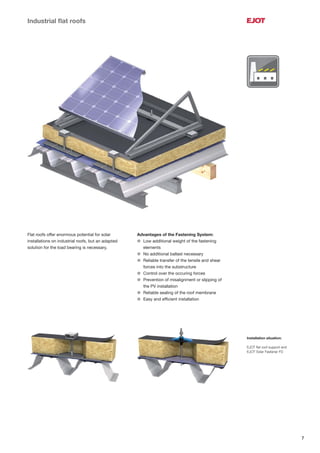 7
Industrial ﬂat roofs
Advantages of the Fastening System:
l Low additional weight of the fastening
elements
l No additional ballast necessary
l Reliable transfer of the tensile and shear
forces into the substructure
l Control over the occuring forces
l Prevention of misalignment or slipping of
the PV installation
l Reliable sealing of the roof membrane
l Easy and efﬁcient installation
Installation situation:
EJOT ﬂat roof support and
EJOT Solar Fastener FD
Flat roofs offer enormous potential for solar
installations on industrial roofs, but an adapted
solution for the load bearing is necessary.
 