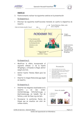 Operación Microsoft PowerPoint
Cartilla de Ejercicios - Operación Básica Página 15
Centro de Capacitación en Informática
PARTE II
3. Posteriormente realizar los siguientes cambios en la presentación:
En Diapositiva 1:
• Efectuar las siguientes modificaciones teniendo en cuenta la diapositiva de
muestra.
ACADEMIA TECACADEMIA TECACADEMIA TECACADEMIA TEC
• Una instrucción
efectiva posibilita
la formación de
técnicos con
futuro
Colonia 1313 apto 103
900 33 02
Montevideo - Uruguay
En Diapositiva 2:
• Modificar la viñeta incorporando el
siguiente símbolo de la fuente
Wingdings y utilizando la Regla definir
sangría de 2cm.
• Definir fuente Tahoma 20pts para los
items.
• Insertar la imagen Relaciones.jpg según
se muestra.
En Diapositiva 3:
• Insertar las imágenes visualizadas en la
muestra y en ese orden:
Contabilidad.jpg, Informatica.jpg y
Gastronomia.jpg, en tamaño fijo de
5x5cm y color de línea rojo de 1pto.
• Incorporar la autoforma flecha de
bloque que se visualiza con color de
relleno violeta.
Imagen
prediseñada
Fuente Bahamas, 60pts, color
azul y negritas
Cuadro de texto,
fuente Arial,
20pts, centrado
con inserción de
símbolos fuente
Wingdings
Color de fondo amarillo “tenue”
Técnicos responsables para el nuevo milenio.
Formación segura proporcionando un aprendizaje efectivo.
Ingreso rápido y exitoso al mercado laboral a través de
nuestra bolsa de trabajo.
Cursos impartidos en grupos reducidos y relación
personalizada con el docente.
Alternancia constante entre la teoría y la práctica.
Proporción de todo el material didáctico necesario.
Amplios horarios de practica.
Presentación
Areas de estudio
• Administración
• Informática
• Servicios
 