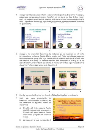 Operación Microsoft PowerPoint
Cartilla de Ejercicios - Operación Básica Página 9
Centro de Capacitación en Informática
4) Agregar las imágenes que se detallan a las siguientes diapositivas. Diapositiva 7: caza.jpg,
pajaro.jpg y piel.jpg respectivamente (tamaño 4 x 6 cm, borde con línea de 1pto y color
rojo). Las imágenes se encuentran alineadas en la parte inferior (una con respecto de la
otra). Diapositiva 8: habitat.jpg, agricultura.jpg y polucion.jpg respectivamente (alineadas
de igual manera).
5) Agregar a las siguientes diapositivas las imágenes que se muestran con el texto
correspondiente en fuente Tahoma 20ptos y color azul. Todas las imágenes presentan
borde con línea de 1pto y color rojo, y se encuentran alineadas en la parte inferior (una
con respecto de la otra). Los tamaños definidos para éstas son 6 x 6 cm y 4 x 6 cm
respectivamente. Definir fondo con efecto de relleno con textura papel reciclado en la
diapositiva 7 y textura pergamino en la diapositiva 8.
6) Guardar la presentación actual con el nombre Naturaleza Fragil.ppt en su disquete.
7) Abrir una nueva presentación de
PowerPoint con autodiseño en blanco y en
ella establecer el siguiente patrón de
diapositivas.
a) El estilo del título presenta fuente
Arial 40 ptos color rojo y con sombra.
El estilo del texto presenta fuente
color violeta y negritas en todos sus
niveles.
b) La imagen en la base corresponde al
 