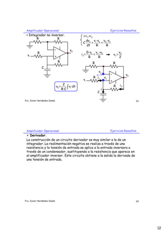 12
Fco. Javier Hernández Canals
Amplificador Operacional Ejercicios Resueltos
23
-
+
R
0
v
R
i
v
R
R
C
> Integrador no inversor.
0 i
2
v = v ·dt
R·C ∫
1 2
i=i +i
x i x 0 x
dv v -v v -v
C = +
dt R R
x x 0
2
0-v v -v
i = =
R R
0
x
v
v =
2
-
+
R
0
v
R
i
v
R
R
C
1
i
i
2
i
x
v
x
v
Fco. Javier Hernández Canals
Amplificador Operacional Ejercicios Resueltos
24
> Derivador.
La construcción de un circuito derivador es muy similar a la de un
integrador. La realimentación negativa se realiza a través de una
resistencia y la tensión de entrada se aplica a la entrada inversora a
través de un condensador, sustituyendo a la resistencia que aparece en
el amplificador inversor. Este circuito obtiene a la salida la derivada de
una tensión de entrada.
 