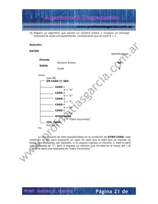  
 
S
 
 
 
 
 
 
 
t
16. Elabore u
indicando
Solución:
DATOS
Entr
Sali
Inicio
Fin
Lo ún
condición se
tenga una re
una respues
5, este le da
un algoritmo
o la vocal cor
rada
da
 
 
N
 
V
o
 
 
Leer NE
EN CASO
 
CAS
CAS
CAS
CAS
CAS
OT
FIN_CASO
Escribir V
nico nuevo de
e usa para a
espuesta, po
ta de “I”, pe
rá una respu
o que solicit
rrespondient
úmero Enter
ocal
NE SEA
SO 1
V = “A”
SO 2
V = “E”
SO 3
V = “I”
SO 4
V = “O”
SO 5
V = “U”
RO CASO
V = “Valo
O
e este pseud
asignarle un
or ejemplo, s
ero si ingres
uesta de “Val
e un númer
te, considera
ro
or Incorrecto
docódigo es
valor en ca
si el usuario
a un número
or Incorrecto
 
ro entero y
ando que la v
o”
la condición
so que el da
ingresa un n
o que no est
o”.
muestre un
vocal A = 1.
Identi
N
de OTRO CA
ato que se i
número 3, es
tá en el rang
mensaje
ficadores
NE
V
ASO, esta
ngresa no
ste le dará
go del 1 al
 
 
w
w
w
.profm
atiasgarcia.com
.ar
 