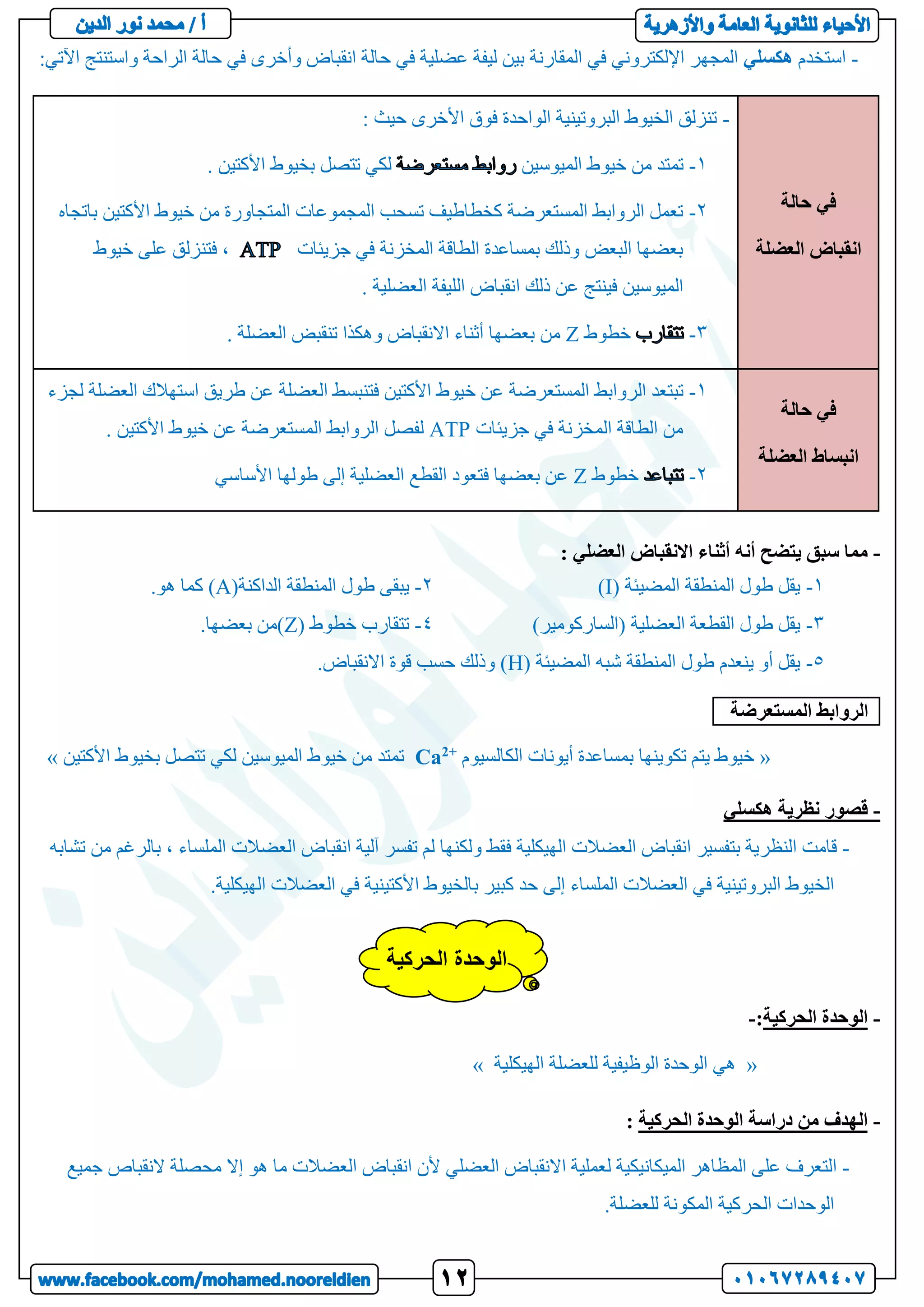 -
‫استخدم‬
‫هكسلي‬
:‫اآلتي‬ ‫واستنتج‬ ‫الراحة‬ ‫حالة‬ ‫في‬ ‫وأخرى‬ ‫انقباض‬ ‫حالة‬ ‫في‬ ‫عضلية‬ ‫ليفة‬ ‫بين‬ ‫المقارنة‬ ‫في‬ ‫اإللكتروني‬ ‫المجهر‬
-
: ‫العضلي‬ ‫االنقباض‬ ‫أثناء‬ ‫أنه‬ ‫يتضح‬ ‫سبق‬ ‫مما‬
1
-
‫المضيئة‬ ‫المنطقة‬ ‫طول‬ ‫يقل‬
I)
)
2
-
(‫الداكنة‬ ‫المنطقة‬ ‫طول‬ ‫يبقى‬
A
.‫هو‬ ‫كما‬ )
3
-
)‫(الساركومير‬ ‫العضلية‬ ‫القطعة‬ ‫طول‬ ‫يقل‬
4
-
( ‫خطوط‬ ‫تتقارب‬
Z
‫)من‬
.‫بعضها‬
5
-
( ‫المضيئة‬ ‫شبه‬ ‫المنطقة‬ ‫طول‬ ‫ينعدم‬ ‫أو‬ ‫يقل‬
H
.‫االنقباض‬ ‫قوة‬ ‫حسب‬ ‫وذلك‬ )
‫الروابط‬
‫المستعرضة‬
...
«
‫الكالسيوم‬ ‫أيونات‬ ‫بمساعدة‬ ‫تكوينها‬ ‫يتم‬ ‫خيوط‬
2+
Ca
‫األكتي‬ ‫بخيوط‬ ‫تتصل‬ ‫لكي‬ ‫الميوسين‬ ‫خيوط‬ ‫من‬ ‫تمتد‬
‫ن‬
»
-
‫هكسلي‬ ‫نظرية‬ ‫قصور‬
-
‫لم‬ ‫ولكنها‬ ‫فقط‬ ‫الهيكلية‬ ‫العضالت‬ ‫انقباض‬ ‫بتفسير‬ ‫النظرية‬ ‫قامت‬
‫تش‬ ‫من‬ ‫بالرغم‬ ، ‫الملساء‬ ‫العضالت‬ ‫انقباض‬ ‫آلية‬ ‫تفسر‬
‫ابه‬
.‫الهيكلية‬ ‫العضالت‬ ‫في‬ ‫األكتينية‬ ‫بالخيوط‬ ‫كبير‬ ‫حد‬ ‫إلى‬ ‫الملساء‬ ‫العضالت‬ ‫في‬ ‫البروتينية‬ ‫الخيوط‬
-
‫الحركية‬ ‫الوحدة‬
:
-
«
‫الهيكلية‬ ‫للعضلة‬ ‫الوظيفية‬ ‫الوحدة‬ ‫هي‬
»
-
‫الحركية‬ ‫الوحدة‬ ‫دراسة‬ ‫من‬ ‫الهدف‬
:
-
‫جميع‬ ‫النقباص‬ ‫محصلة‬ ‫إال‬ ‫هو‬ ‫ما‬ ‫العضالت‬ ‫انقباض‬ ‫ألن‬ ‫العضلي‬ ‫االنقباض‬ ‫لعملية‬ ‫الميكانيكية‬ ‫المظاهر‬ ‫على‬ ‫التعرف‬
.‫للعضلة‬ ‫المكونة‬ ‫الحركية‬ ‫الوحدات‬
‫حالة‬ ‫في‬
‫العضلة‬ ‫انقباض‬
-
: ‫حيث‬ ‫األخرى‬ ‫فوق‬ ‫الواحدة‬ ‫البروتينية‬ ‫الخيوط‬ ‫تنزلق‬
1
-
‫تمت‬
‫الميوسين‬ ‫خيوط‬ ‫من‬ ‫د‬
. ‫األكتين‬ ‫بخيوط‬ ‫تتصل‬ ‫لكي‬
2
-
‫باتجاه‬ ‫األكتين‬ ‫خيوط‬ ‫من‬ ‫المتجاورة‬ ‫المجموعات‬ ‫تسحب‬ ‫كخطاطيف‬ ‫المستعرضة‬ ‫الروابط‬ ‫تعمل‬
‫جزيئات‬ ‫في‬ ‫المخزنة‬ ‫الطاقة‬ ‫بمساعدة‬ ‫وذلك‬ ‫البعض‬ ‫بعضها‬
‫خيوط‬ ‫على‬ ‫فتنزلق‬ ،
‫ع‬ ‫فينتج‬ ‫الميوسين‬
. ‫العضلية‬ ‫الليفة‬ ‫انقباض‬ ‫ذلك‬ ‫ن‬
3
-
‫خطوط‬
Z
. ‫العضلة‬ ‫تنقبض‬ ‫وهكذا‬ ‫االنقباض‬ ‫أثناء‬ ‫بعضها‬ ‫من‬
‫حالة‬ ‫في‬
‫العضلة‬ ‫انبساط‬
1
-
‫لجزء‬ ‫العضلة‬ ‫استهالك‬ ‫طريق‬ ‫عن‬ ‫العضلة‬ ‫فتنبسط‬ ‫األكتين‬ ‫خيوط‬ ‫عن‬ ‫المستعرضة‬ ‫الروابط‬ ‫تبتعد‬
‫جزيئات‬ ‫في‬ ‫المخزنة‬ ‫الطاقة‬ ‫من‬
ATP
. ‫األكتين‬ ‫خيوط‬ ‫عن‬ ‫المستعرضة‬ ‫الروابط‬ ‫لفصل‬
2
-
‫خطوط‬
Z
‫األساسي‬ ‫طولها‬ ‫إلى‬ ‫العضلية‬ ‫القطع‬ ‫فتعود‬ ‫بعضها‬ ‫عن‬
‫الحركية‬ ‫الوحدة‬
 
