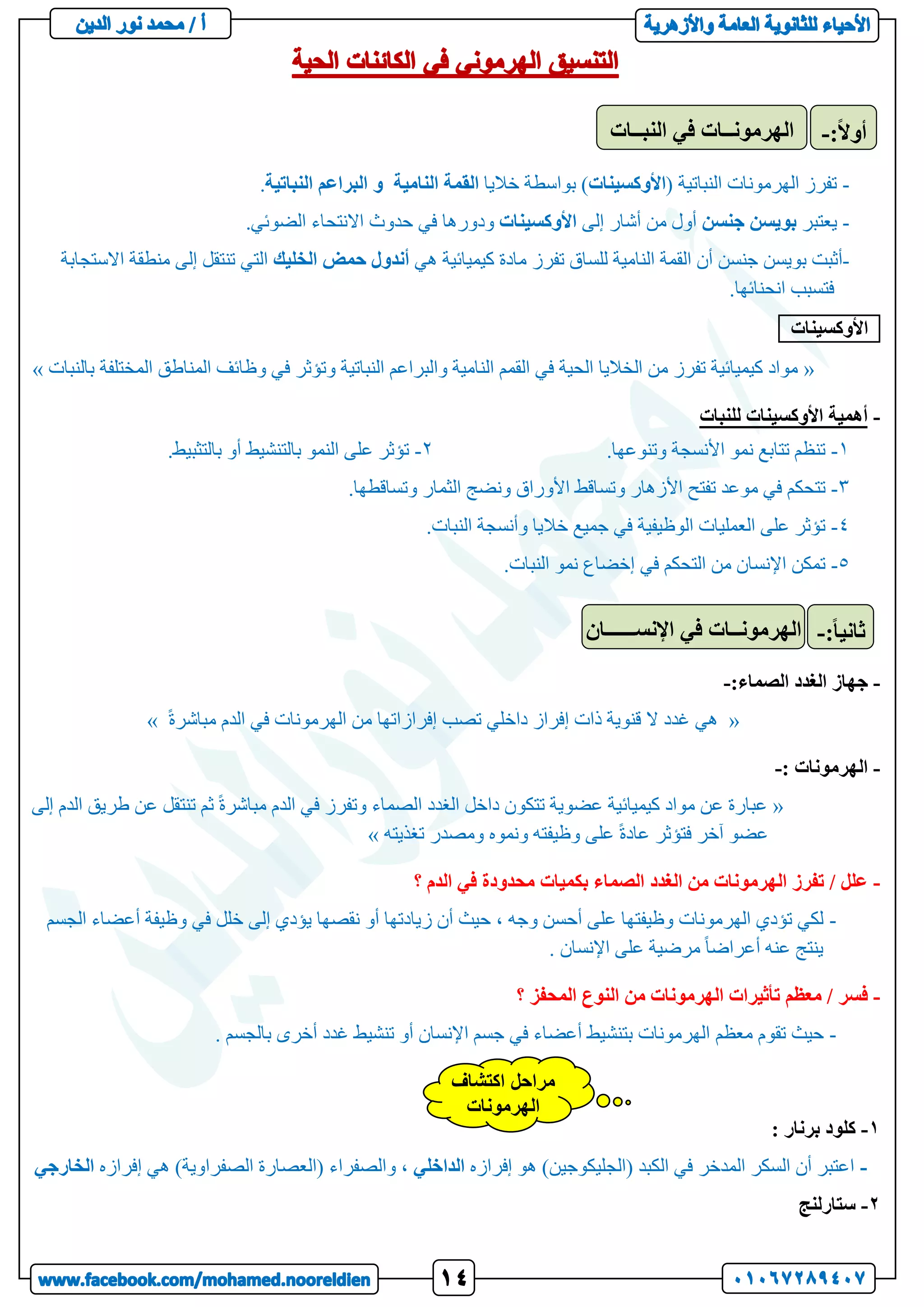 -
( ‫النباتية‬ ‫الهرمونات‬ ‫تفرز‬
‫األوكسينات‬
‫خاليا‬ ‫بواسطة‬ )
‫القمة‬
‫النامية‬
‫البرا‬ ‫و‬
‫عم‬
‫النباتية‬
.
-
‫يعتبر‬
‫بويسن‬
‫جنسن‬
‫إلى‬ ‫أشار‬ ‫من‬ ‫أول‬
‫األوكسينات‬
‫ف‬ ‫ودورها‬
‫حدوث‬ ‫ي‬
‫االنتحاء‬
.‫الضوئي‬
-
‫أثبت‬
‫بويسن‬
‫جنسن‬
‫هي‬ ‫كيميائية‬ ‫مادة‬ ‫تفرز‬ ‫للساق‬ ‫النامية‬ ‫القمة‬ ‫أن‬
‫أندول‬
‫حمض‬
‫الخليك‬
‫االستج‬ ‫منطقة‬ ‫إلى‬ ‫تنتقل‬ ‫التي‬
‫ابة‬
.‫انحنائها‬ ‫فتسبب‬
‫األوكسينات‬
..
«
‫بالنبات‬ ‫المختلفة‬ ‫المناطق‬ ‫وظائف‬ ‫في‬ ‫وتؤثر‬ ‫النباتية‬ ‫والبراعم‬ ‫النامية‬ ‫القمم‬ ‫في‬ ‫الحية‬ ‫الخاليا‬ ‫من‬ ‫تفرز‬ ‫كيميائية‬ ‫مواد‬
»
-
‫للنبات‬ ‫األوكسينات‬ ‫أهمية‬
1
-
.‫وتنوعها‬ ‫األنسجة‬ ‫نمو‬ ‫تتابع‬ ‫تنظم‬
2
-
.‫بالتثبيط‬ ‫أو‬ ‫بالتنشيط‬ ‫النمو‬ ‫على‬ ‫تؤثر‬
3
-
‫وت‬ ‫األزهار‬ ‫تفتح‬ ‫موعد‬ ‫في‬ ‫تتحكم‬
.‫وتساقطها‬ ‫الثمار‬ ‫ونضج‬ ‫األوراق‬ ‫ساقط‬
4
-
.‫النبات‬ ‫وأنسجة‬ ‫خاليا‬ ‫جميع‬ ‫في‬ ‫الوظيفية‬ ‫العمليات‬ ‫على‬ ‫تؤثر‬
5
-
‫في‬ ‫التحكم‬ ‫من‬ ‫اإلنسان‬ ‫تمكن‬
.‫النبات‬ ‫نمو‬ ‫إخضاع‬
-
:‫الصماء‬ ‫الغدد‬ ‫جهاز‬
-
«
‫إفرازاتها‬ ‫تصب‬ ‫داخلي‬ ‫إفراز‬ ‫ذات‬ ‫قنوية‬ ‫ال‬ ‫غدد‬ ‫هي‬
ً‫ة‬‫مباشر‬ ‫الدم‬ ‫في‬ ‫الهرمونات‬ ‫من‬
»
-
: ‫الهرمونات‬
-
«
‫إلى‬ ‫الدم‬ ‫طريق‬ ‫عن‬ ‫تنتقل‬ ‫ثم‬ ً‫ة‬‫مباشر‬ ‫الدم‬ ‫في‬ ‫وتفرز‬ ‫الصماء‬ ‫الغدد‬ ‫داخل‬ ‫تتكون‬ ‫عضوية‬ ‫كيميائية‬ ‫مواد‬ ‫عن‬ ‫عبارة‬
ً‫ة‬‫عاد‬ ‫فتؤثر‬ ‫آخر‬ ‫عضو‬
‫تغذيته‬ ‫ومصدر‬ ‫ونموه‬ ‫وظيفته‬ ‫على‬
»
-
‫؟‬ ‫الدم‬ ‫في‬ ‫محدودة‬ ‫بكميات‬ ‫الصماء‬ ‫الغدد‬ ‫من‬ ‫الهرمونات‬ ‫تفرز‬ / ‫علل‬
-
‫الجسم‬ ‫أعضاء‬ ‫وظيفة‬ ‫في‬ ‫خلل‬ ‫إلى‬ ‫يؤدي‬ ‫نقصها‬ ‫أو‬ ‫زيادتها‬ ‫أن‬ ‫حيث‬ ، ‫وجه‬ ‫أحسن‬ ‫على‬ ‫وظيفتها‬ ‫الهرمونات‬ ‫تؤدي‬ ‫لكي‬
. ‫اإلنسان‬ ‫على‬ ‫مرضية‬ ً‫ا‬‫أعراض‬ ‫عنه‬ ‫ينتج‬
-
‫معظم‬ / ‫فسر‬
‫؟‬ ‫المحفز‬ ‫النوع‬ ‫من‬ ‫الهرمونات‬ ‫تأثيرات‬
-
‫معظم‬ ‫تقوم‬ ‫حيث‬
. ‫بالجسم‬ ‫أخرى‬ ‫غدد‬ ‫تنشيط‬ ‫أو‬ ‫اإلنسان‬ ‫جسم‬ ‫في‬ ‫أعضاء‬ ‫بتنشيط‬ ‫الهرمونات‬
1
-
: ‫برنار‬ ‫كلود‬
-
‫إفرازه‬ ‫هو‬ )‫(الجليكوجين‬ ‫الكبد‬ ‫في‬ ‫المدخر‬ ‫السكر‬ ‫أن‬ ‫اعتبر‬
‫الداخلي‬
‫إفرازه‬ ‫هي‬ )‫الصفراوية‬ ‫(العصارة‬ ‫والصفراء‬ ،
‫ال‬
‫خارجي‬
2
-
‫ستارلنج‬
‫النبــات‬ ‫في‬ ‫الهرمونــات‬ :ً‫ال‬‫أو‬
-
‫اإلنســــــان‬ ‫في‬ ‫الهرمونــات‬ :ً‫ا‬‫ثاني‬
-
‫اكتشاف‬ ‫مراحل‬
‫الهرمونات‬
 