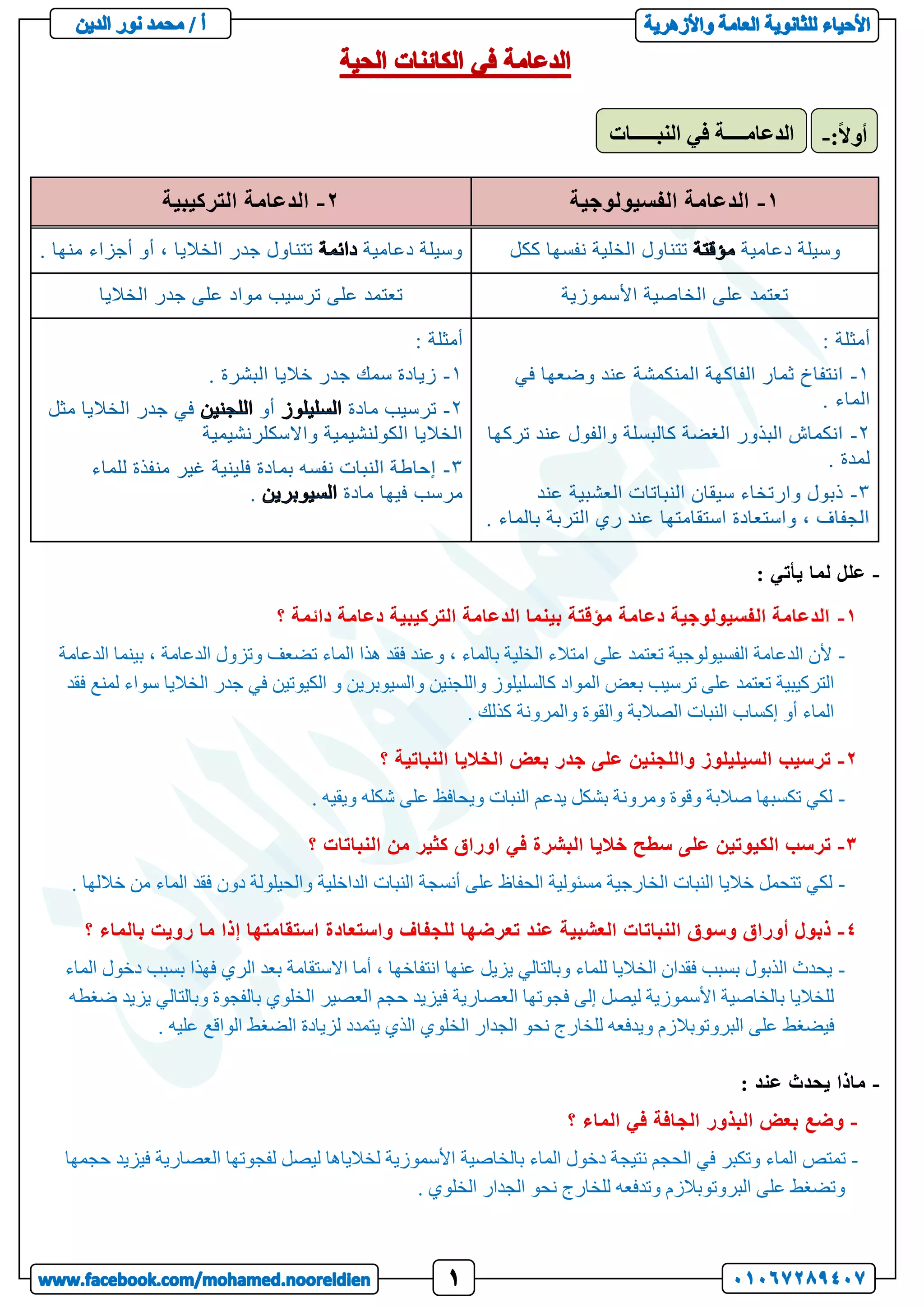1
-
‫الفسيولوجية‬ ‫الدعامة‬
2
-
‫التركيبية‬ ‫الدعامة‬
‫دعامية‬ ‫وسيلة‬
‫ككل‬ ‫نفسها‬ ‫الخلية‬ ‫تتناول‬
‫دعامية‬ ‫وسيلة‬
. ‫منها‬ ‫أجزاء‬ ‫أو‬ ، ‫الخاليا‬ ‫جدر‬ ‫تتناول‬
‫األسموزية‬ ‫الخاصية‬ ‫على‬ ‫تعتمد‬
‫ترسي‬ ‫على‬ ‫تعتمد‬
‫الخاليا‬ ‫جدر‬ ‫على‬ ‫مواد‬ ‫ب‬
: ‫أمثلة‬
1
-
‫في‬ ‫وضعها‬ ‫عند‬ ‫المنكمشة‬ ‫الفاكهة‬ ‫ثمار‬ ‫انتفاخ‬
. ‫الماء‬
2
-
‫تركها‬ ‫عند‬ ‫والفول‬ ‫كالبسلة‬ ‫الغضة‬ ‫البذور‬ ‫انكماش‬
. ‫لمدة‬
3
-
‫عند‬ ‫العشبية‬ ‫النباتات‬ ‫سيقان‬ ‫وارتخاء‬ ‫ذبول‬
. ‫بالماء‬ ‫التربة‬ ‫ري‬ ‫عند‬ ‫استقامتها‬ ‫واستعادة‬ ، ‫الجفاف‬
: ‫أمثلة‬
1
-
. ‫البشرة‬ ‫خاليا‬ ‫جدر‬ ‫سمك‬ ‫زيادة‬
2
-
‫مادة‬ ‫ترسيب‬
‫أو‬
‫مثل‬ ‫الخاليا‬ ‫جدر‬ ‫في‬
‫واالسك‬ ‫الكولنشيمية‬ ‫الخاليا‬
‫لرنشيمية‬
3
-
‫للماء‬ ‫منفذة‬ ‫غير‬ ‫فلينية‬ ‫بمادة‬ ‫نفسه‬ ‫النبات‬ ‫إحاطة‬
‫مادة‬ ‫فيها‬ ‫مرسب‬
.
-
: ‫يأتي‬ ‫لما‬ ‫علل‬
1
-
‫؟‬ ‫دائمة‬ ‫دعامة‬ ‫التركيبية‬ ‫الدعامة‬ ‫بينما‬ ‫مؤقتة‬ ‫دعامة‬ ‫الفسيولوجية‬ ‫الدعامة‬
-
‫الدعامة‬ ‫بينما‬ ، ‫الدعامة‬ ‫وتزول‬ ‫تضعف‬ ‫الماء‬ ‫هذا‬ ‫فقد‬ ‫وعند‬ ، ‫بالماء‬ ‫الخلية‬ ‫امتالء‬ ‫على‬ ‫تعتمد‬ ‫الفسيولوجية‬ ‫الدعامة‬ ‫ألن‬
‫والل‬ ‫كالسليلوز‬ ‫المواد‬ ‫بعض‬ ‫ترسيب‬ ‫على‬ ‫تعتمد‬ ‫التركيبية‬
‫ف‬ ‫لمنع‬ ‫سواء‬ ‫الخاليا‬ ‫جدر‬ ‫في‬ ‫الكيوتين‬ ‫و‬ ‫والسيوبرين‬ ‫جنين‬
‫قد‬
. ‫كذلك‬ ‫والمرونة‬ ‫والقوة‬ ‫الصالبة‬ ‫النبات‬ ‫إكساب‬ ‫أو‬ ‫الماء‬
2
-
‫ترسيب‬
‫السيليلوز‬
‫واللجنين‬
‫على‬
‫جدر‬
‫بعض‬
‫الخاليا‬
‫النباتية‬
‫؟‬
-
. ‫ويقيه‬ ‫شكله‬ ‫على‬ ‫ويحافظ‬ ‫النبات‬ ‫يدعم‬ ‫بشكل‬ ‫ومرونة‬ ‫وقوة‬ ‫صالبة‬ ‫تكسبها‬ ‫لكي‬
3
-
‫ترسب‬
‫الكيوتين‬
‫على‬
‫سطح‬
‫خاليا‬
‫البشرة‬
‫في‬
‫اوراق‬
‫كثير‬
‫من‬
‫النباتات‬
‫؟‬
-
‫فقد‬ ‫دون‬ ‫والحيلولة‬ ‫الداخلية‬ ‫النبات‬ ‫أنسجة‬ ‫على‬ ‫الحفاظ‬ ‫مسئولية‬ ‫الخارجية‬ ‫النبات‬ ‫خاليا‬ ‫تتحمل‬ ‫لكي‬
‫خالل‬ ‫من‬ ‫الماء‬
. ‫ها‬
4
-
‫ذبول‬
‫أوراق‬
‫وسوق‬
‫النباتات‬
‫العشبية‬
‫عند‬
‫تعرضها‬
‫للجفاف‬
‫واستعادة‬
‫استقامتها‬
‫إذا‬
‫ما‬
‫رويت‬
‫بالماء‬
‫؟‬
-
‫الماء‬ ‫دخول‬ ‫بسبب‬ ‫فهذا‬ ‫الري‬ ‫بعد‬ ‫االستقامة‬ ‫أما‬ ، ‫انتفاخها‬ ‫عنها‬ ‫يزيل‬ ‫وبالتالي‬ ‫للماء‬ ‫الخاليا‬ ‫فقدان‬ ‫بسبب‬ ‫الذبول‬ ‫يحدث‬
‫ضغطه‬ ‫يزيد‬ ‫وبالتالي‬ ‫بالفجوة‬ ‫الخلوي‬ ‫العصير‬ ‫حجم‬ ‫فيزيد‬ ‫العصارية‬ ‫فجوتها‬ ‫إلى‬ ‫ليصل‬ ‫األسموزية‬ ‫بالخاصية‬ ‫للخاليا‬
‫فيضغط‬
. ‫عليه‬ ‫الواقع‬ ‫الضغط‬ ‫لزيادة‬ ‫يتمدد‬ ‫الذي‬ ‫الخلوي‬ ‫الجدار‬ ‫نحو‬ ‫للخارج‬ ‫ويدفعه‬ ‫البروتوبالزم‬ ‫على‬
-
: ‫عند‬ ‫يحدث‬ ‫ماذا‬
-
‫وضع‬
‫بعض‬
‫البذور‬
‫الجافة‬
‫في‬
‫الماء‬
‫؟‬
-
‫وتكبر‬ ‫الماء‬ ‫تمتص‬
‫حجمها‬ ‫فيزيد‬ ‫العصارية‬ ‫لفجوتها‬ ‫ليصل‬ ‫لخالياها‬ ‫األسموزية‬ ‫بالخاصية‬ ‫الماء‬ ‫دخول‬ ‫نتيجة‬ ‫الحجم‬ ‫في‬
. ‫الخلوي‬ ‫الجدار‬ ‫نحو‬ ‫للخارج‬ ‫وتدفعه‬ ‫البروتوبالزم‬ ‫على‬ ‫وتضغط‬
‫النبـــــات‬ ‫في‬ ‫الدعامــــة‬ :ً‫ال‬‫أو‬
-
 