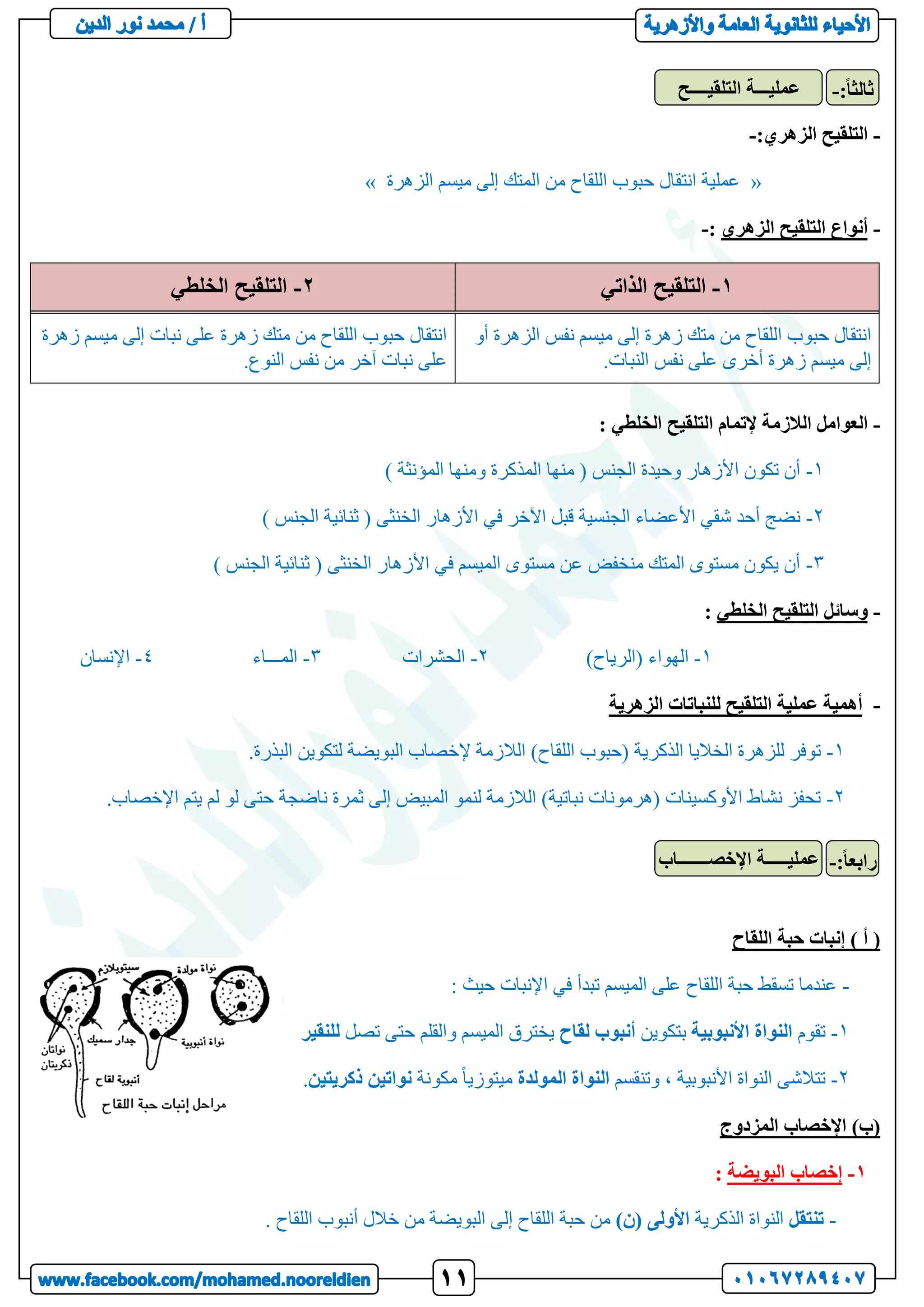 -
:‫الزهري‬ ‫التلقيح‬
-
«
‫الزهرة‬ ‫ميسم‬ ‫إلى‬ ‫المتك‬ ‫من‬ ‫اللقاح‬ ‫حبوب‬ ‫انتقال‬ ‫عملية‬
»
-
‫الزهري‬ ‫التلقيح‬ ‫أنواع‬
:
-
1
-
‫الذاتي‬ ‫التلقيح‬
2
-
‫الخلطي‬ ‫التلقيح‬
‫نفس‬ ‫ميسم‬ ‫إلى‬ ‫زهرة‬ ‫متك‬ ‫من‬ ‫اللقاح‬ ‫حبوب‬ ‫انتقال‬
‫أو‬ ‫الزهرة‬
.‫النبات‬ ‫نفس‬ ‫على‬ ‫أخرى‬ ‫زهرة‬ ‫ميسم‬ ‫إلى‬
‫زهرة‬ ‫ميسم‬ ‫إلى‬ ‫نبات‬ ‫على‬ ‫زهرة‬ ‫متك‬ ‫من‬ ‫اللقاح‬ ‫حبوب‬ ‫انتقال‬
.‫النوع‬ ‫نفس‬ ‫من‬ ‫آخر‬ ‫نبات‬ ‫على‬
-
: ‫الخلطي‬ ‫التلقيح‬ ‫إلتمام‬ ‫الالزمة‬ ‫العوامل‬
1
-
) ‫المؤنثة‬ ‫ومنها‬ ‫المذكرة‬ ‫منها‬ ( ‫الجنس‬ ‫وحيدة‬ ‫األزهار‬ ‫تكون‬ ‫أن‬
2
-
‫أحد‬ ‫نضج‬
) ‫الجنس‬ ‫ثنائية‬ ( ‫الخنثى‬ ‫األزهار‬ ‫في‬ ‫اآلخر‬ ‫قبل‬ ‫الجنسية‬ ‫األعضاء‬ ‫شقي‬
3
-
) ‫الجنس‬ ‫ثنائية‬ ( ‫الخنثى‬ ‫األزهار‬ ‫في‬ ‫الميسم‬ ‫مستوى‬ ‫عن‬ ‫منخفض‬ ‫المتك‬ ‫مستوى‬ ‫يكون‬ ‫أن‬
-
‫الخلطي‬ ‫التلقيح‬ ‫وسائل‬
:
1
-
)‫(الرياح‬ ‫الهواء‬
2
-
‫الحشرات‬
3
-
‫المـــاء‬
4
-
‫اإلنسان‬
-
‫الزهرية‬ ‫للنباتات‬ ‫التلقيح‬ ‫عملية‬ ‫أهمية‬
1
-
.‫البذرة‬ ‫لتكوين‬ ‫البويضة‬ ‫إلخصاب‬ ‫الالزمة‬ )‫اللقاح‬ ‫(حبوب‬ ‫الذكرية‬ ‫الخاليا‬ ‫للزهرة‬ ‫توفر‬
2
-
‫لو‬ ‫حتى‬ ‫ناضجة‬ ‫ثمرة‬ ‫إلى‬ ‫المبيض‬ ‫لنمو‬ ‫الالزمة‬ )‫نباتية‬ ‫(هرمونات‬ ‫األوكسينات‬ ‫نشاط‬ ‫تحفز‬
.‫اإلخصاب‬ ‫يتم‬ ‫لم‬
‫اللقاح‬ ‫حبة‬ ‫إنبات‬ ) ‫أ‬ (
-
: ‫حيث‬ ‫اإلنبات‬ ‫في‬ ‫تبدأ‬ ‫الميسم‬ ‫على‬ ‫اللقاح‬ ‫حبة‬ ‫تسقط‬ ‫عندما‬
1
-
‫تقوم‬
‫األنبوبية‬ ‫النواة‬
‫بتكوين‬
‫لقاح‬ ‫أنبوب‬
‫تصل‬ ‫حتى‬ ‫والقلم‬ ‫الميسم‬ ‫يخترق‬
‫ل‬
‫لنقير‬
2
-
‫وتنقسم‬ ، ‫األنبوبية‬ ‫النواة‬ ‫تتالشى‬
‫النواة‬
‫المولدة‬
‫مكونة‬ ً‫ا‬‫ميتوزي‬
‫نواتين‬
‫ذ‬
‫كريتين‬
.
‫المزدوج‬ ‫اإلخصاب‬ )‫(ب‬
1
-
‫البويضة‬ ‫إخصاب‬
:
-
‫تنتقل‬
‫الذكرية‬ ‫النواة‬
)‫(ن‬ ‫األولى‬
‫إل‬ ‫اللقاح‬ ‫حبة‬ ‫من‬
. ‫اللقاح‬ ‫أنبوب‬ ‫خالل‬ ‫من‬ ‫البويضة‬ ‫ى‬
‫التلقيــــح‬ ‫عمليـــة‬ :ً‫ا‬‫ثالث‬
-
‫اإلخصـــــــاب‬ ‫عمليـــــة‬ ً‫ا‬‫رابع‬
:
-
 