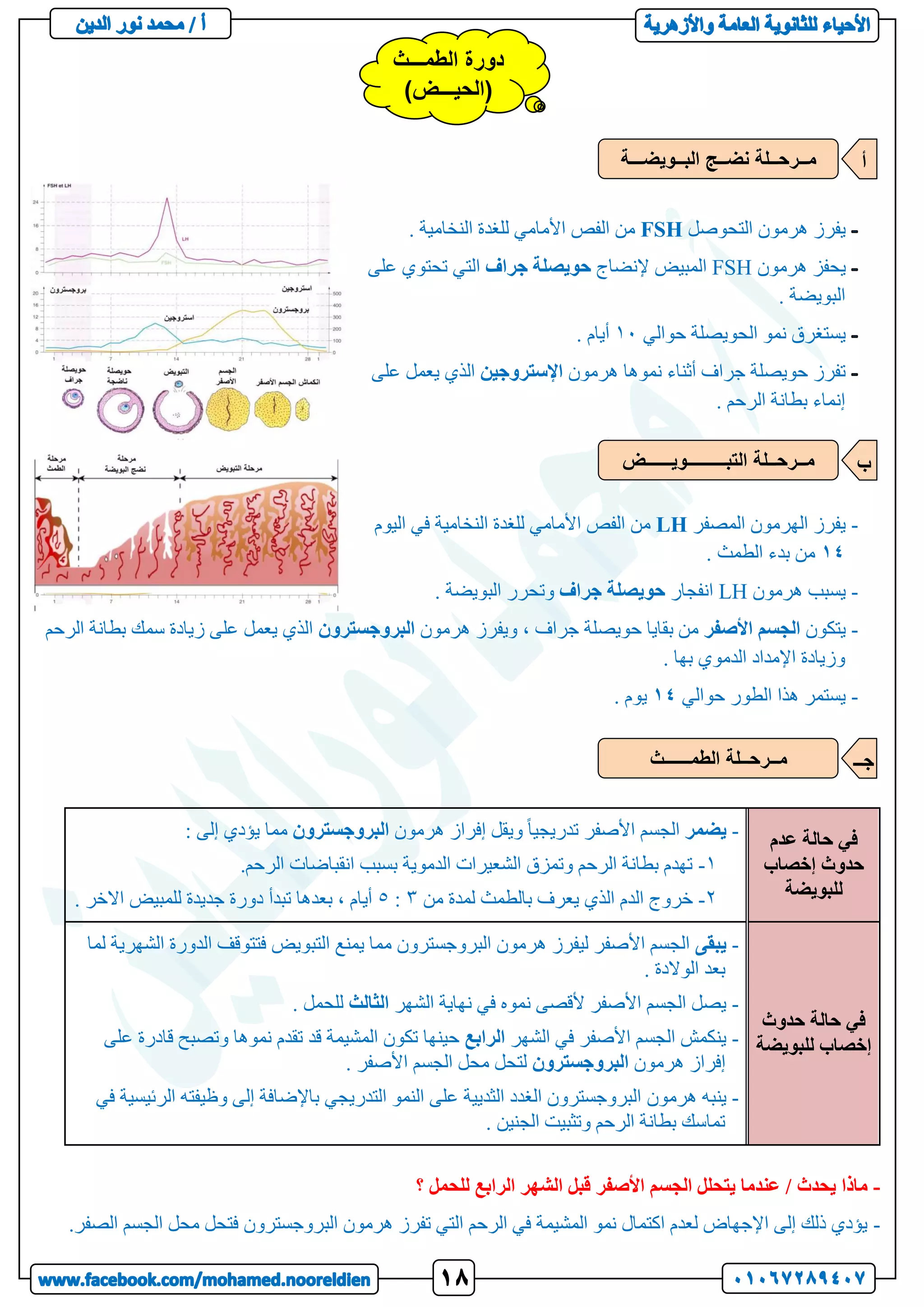 ‫التحوصل‬ ‫هرمون‬ ‫يفرز‬
FSH
. ‫النخامية‬ ‫للغدة‬ ‫األمامي‬ ‫الفص‬ ‫من‬
‫هرمون‬ ‫يحفز‬
FSH
‫إلنضاج‬ ‫المبيض‬
‫جراف‬ ‫حويصلة‬
‫على‬ ‫تحتوي‬ ‫التي‬
. ‫البويضة‬
‫حوالي‬ ‫الحويصلة‬ ‫نمو‬ ‫يستغرق‬
11
. ‫أيام‬
‫هرمون‬ ‫نموها‬ ‫أثناء‬ ‫جراف‬ ‫حويصلة‬ ‫تفرز‬
‫اإلستروجين‬
‫على‬ ‫يعمل‬ ‫الذي‬
. ‫الرحم‬ ‫بطانة‬ ‫إنماء‬
-
‫المصفر‬ ‫الهرمون‬ ‫يفرز‬
LH
‫ف‬ ‫النخامية‬ ‫للغدة‬ ‫األمامي‬ ‫الفص‬ ‫من‬
‫اليوم‬ ‫ي‬
14
. ‫الطمث‬ ‫بدء‬ ‫من‬
-
‫هرمون‬ ‫يسبب‬
LH
‫انفجار‬
‫جراف‬ ‫حويصلة‬
. ‫البويضة‬ ‫وتحرر‬
-
‫يتكون‬
‫األصفر‬ ‫الجسم‬
‫هرمون‬ ‫ويفرز‬ ، ‫جراف‬ ‫حويصلة‬ ‫بقايا‬ ‫من‬
‫البروجسترون‬
‫الرحم‬ ‫بطانة‬ ‫سمك‬ ‫زيادة‬ ‫على‬ ‫يعمل‬ ‫الذي‬
. ‫بها‬ ‫الدموي‬ ‫اإلمداد‬ ‫وزيادة‬
-
‫حوالي‬ ‫الطور‬ ‫هذا‬ ‫يستمر‬
14
. ‫يوم‬
‫عدم‬ ‫حالة‬ ‫في‬
‫إخصاب‬ ‫حدوث‬
‫للبويضة‬
-
‫يضمر‬
‫هرمون‬ ‫إفراز‬ ‫ويقل‬ ً‫ا‬‫تدريجي‬ ‫األصفر‬ ‫الجسم‬
‫البروجسترون‬
: ‫إلى‬ ‫يؤدي‬ ‫مما‬
1
-
.‫الرحم‬ ‫انقباضات‬ ‫بسبب‬ ‫الدموية‬ ‫الشعيرات‬ ‫وتمزق‬ ‫الرحم‬ ‫بطانة‬ ‫تهدم‬
2
-
‫من‬ ‫لمدة‬ ‫بالطمث‬ ‫يعرف‬ ‫الذي‬ ‫الدم‬ ‫خروج‬
3
:
5
. ‫االخر‬ ‫للمبيض‬ ‫جديدة‬ ‫دورة‬ ‫تبدأ‬ ‫بعدها‬ ، ‫أيام‬
‫حدوث‬ ‫حالة‬ ‫في‬
‫للبويضة‬ ‫إخصاب‬
-
‫يبقى‬
‫التبويض‬ ‫يمنع‬ ‫مما‬ ‫البروجسترون‬ ‫هرمون‬ ‫ليفرز‬ ‫األصفر‬ ‫الجسم‬
‫الشهر‬ ‫الدورة‬ ‫فتتوقف‬
‫لما‬ ‫ية‬
. ‫الوالدة‬ ‫بعد‬
-
‫الشهر‬ ‫نهاية‬ ‫في‬ ‫نموه‬ ‫ألقصى‬ ‫األصفر‬ ‫الجسم‬ ‫يصل‬
‫الثالث‬
. ‫للحمل‬
-
‫الشهر‬ ‫في‬ ‫األصفر‬ ‫الجسم‬ ‫ينكمش‬
‫الرابع‬
‫على‬ ‫قادرة‬ ‫وتصبح‬ ‫نموها‬ ‫تقدم‬ ‫قد‬ ‫المشيمة‬ ‫تكون‬ ‫حينها‬
‫هرمون‬ ‫إفراز‬
‫البروجسترون‬
. ‫األصفر‬ ‫الجسم‬ ‫محل‬ ‫لتحل‬
-
‫هرمون‬ ‫ينبه‬
‫في‬ ‫الرئيسية‬ ‫وظيفته‬ ‫إلى‬ ‫باإلضافة‬ ‫التدريجي‬ ‫النمو‬ ‫على‬ ‫الثديية‬ ‫الغدد‬ ‫البروجسترون‬
. ‫الجنين‬ ‫وتثبيت‬ ‫الرحم‬ ‫بطانة‬ ‫تماسك‬
-
‫؟‬ ‫للحمل‬ ‫الرابع‬ ‫الشهر‬ ‫قبل‬ ‫األصفر‬ ‫الجسم‬ ‫يتحلل‬ ‫عندما‬ / ‫يحدث‬ ‫ماذا‬
-
.‫الصفر‬ ‫الجسم‬ ‫محل‬ ‫فتحل‬ ‫البروجسترون‬ ‫هرمون‬ ‫تفرز‬ ‫التي‬ ‫الرحم‬ ‫في‬ ‫المشيمة‬ ‫نمو‬ ‫اكتمال‬ ‫لعدم‬ ‫اإلجهاض‬ ‫إلى‬ ‫ذلك‬ ‫يؤدي‬
‫الطمـــث‬ ‫دورة‬
)‫(الحيـــض‬
‫البــويضـــة‬ ‫نضــج‬ ‫مــرحــلة‬ ‫أ‬
‫التبـــــــــويــــــض‬ ‫مــرحــلة‬ ‫ب‬
‫الطمــــــث‬ ‫مــرحــلة‬ ‫جــ‬
 