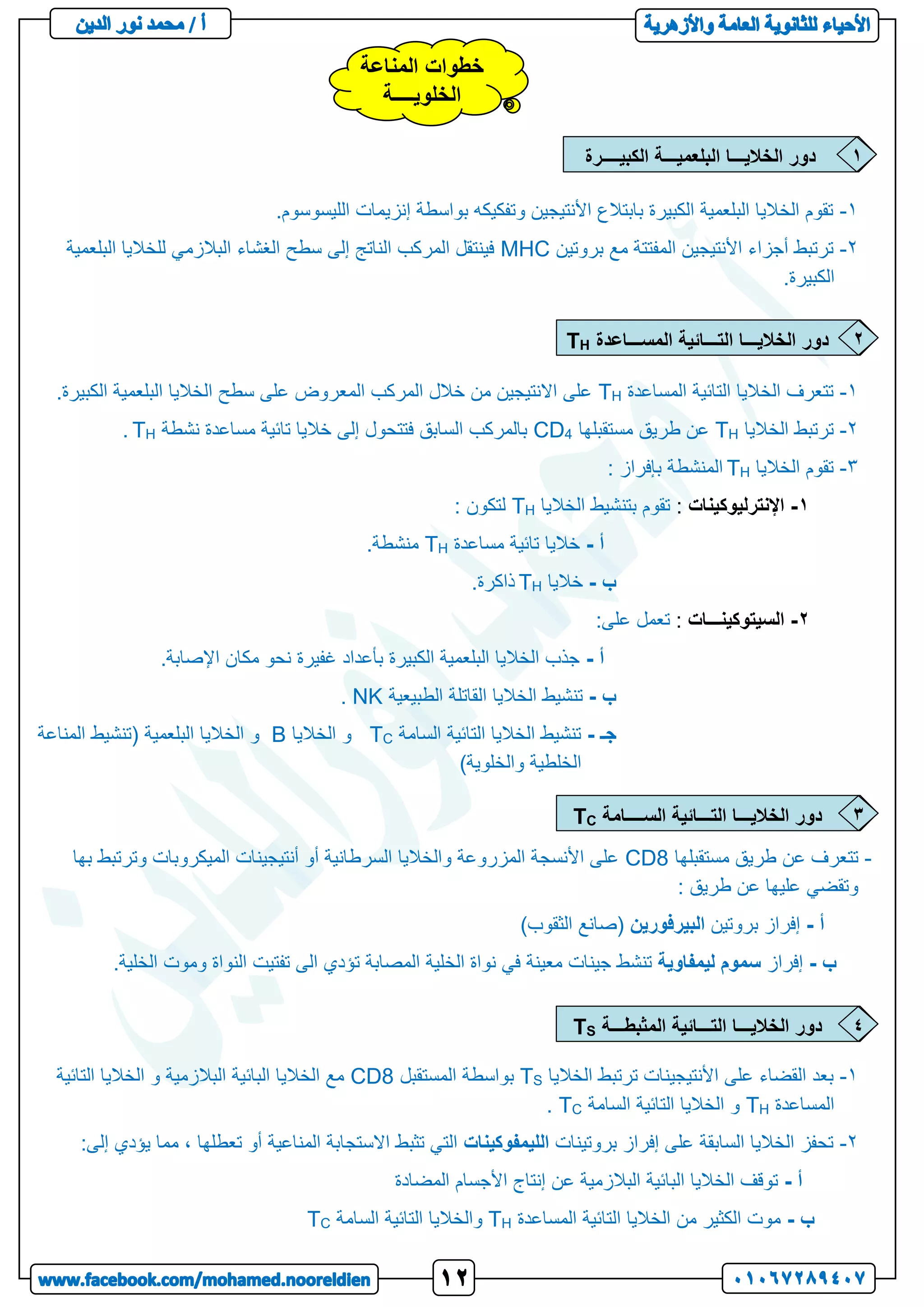 1
-
.‫الليسوسوم‬ ‫إنزيمات‬ ‫بواسطة‬ ‫وتفكيكه‬ ‫األنتيجين‬ ‫بابتالع‬ ‫الكبيرة‬ ‫البلعمية‬ ‫الخاليا‬ ‫تقوم‬
2
-
‫بروتين‬ ‫مع‬ ‫المفتتة‬ ‫األنتيجين‬ ‫أجزاء‬ ‫ترتبط‬
MHC
‫البلعمية‬ ‫للخاليا‬ ‫البالزمي‬ ‫الغشاء‬ ‫سطح‬ ‫إلى‬ ‫الناتج‬ ‫المركب‬ ‫فينتقل‬
.‫الكبيرة‬
1
-
‫المساعدة‬ ‫التائية‬ ‫الخاليا‬ ‫تتعرف‬
H
T
.‫الكبيرة‬ ‫البلعمية‬ ‫الخاليا‬ ‫سطح‬ ‫على‬ ‫المعروض‬ ‫المركب‬ ‫خالل‬ ‫من‬ ‫االنتيجين‬ ‫على‬
2
-
‫الخاليا‬ ‫ترتبط‬
H
T
‫مستقبلها‬ ‫طريق‬ ‫عن‬
4
CD
‫نشطة‬ ‫مساعدة‬ ‫تائية‬ ‫خاليا‬ ‫إلى‬ ‫فتتحول‬ ‫السابق‬ ‫بالمركب‬
H
T
.
3
-
‫الخاليا‬ ‫تقوم‬
H
T
: ‫بإفراز‬ ‫المنشطة‬
1
-
‫اإلنترليوكينات‬
:
‫الخاليا‬ ‫بتنشيط‬ ‫تقوم‬
H
T
: ‫لتكون‬
‫أ‬
-
‫مساعدة‬ ‫تائية‬ ‫خاليا‬
H
T
.‫منشطة‬
‫ب‬
-
‫خاليا‬
H
T
.‫ذاكرة‬
2
-
‫السيتوكينـــات‬
:
:‫على‬ ‫تعمل‬
‫أ‬
-
.‫اإلصابة‬ ‫مكان‬ ‫نحو‬ ‫غفيرة‬ ‫بأعداد‬ ‫الكبيرة‬ ‫البلعمية‬ ‫الخاليا‬ ‫جذب‬
‫ب‬
-
‫الطبيعية‬ ‫القاتلة‬ ‫الخاليا‬ ‫تنشيط‬
NK
.
‫جـ‬
-
‫السامة‬ ‫التائية‬ ‫الخاليا‬ ‫تنشيط‬
C
T
‫الخاليا‬ ‫و‬
B
‫المناعة‬ ‫(تنشيط‬ ‫البلعمية‬ ‫الخاليا‬ ‫و‬
)‫والخلوية‬ ‫الخلطية‬
-
‫مستقبلها‬ ‫طريق‬ ‫عن‬ ‫تتعرف‬
CD8
‫بها‬ ‫وترتبط‬ ‫الميكروبات‬ ‫أنتيجينات‬ ‫أو‬ ‫السرطانية‬ ‫والخاليا‬ ‫المزروعة‬ ‫األنسجة‬ ‫على‬
: ‫طريق‬ ‫عن‬ ‫عليها‬ ‫وتقضي‬
‫أ‬
-
‫بروتين‬ ‫إفراز‬
‫البيرفورين‬
)‫الثقوب‬ ‫(صانع‬
‫ب‬
-
‫إفراز‬
‫ليمفاوية‬ ‫سموم‬
.‫الخلية‬ ‫وموت‬ ‫النواة‬ ‫تفتيت‬ ‫الى‬ ‫تؤدي‬ ‫المصابة‬ ‫الخلية‬ ‫نواة‬ ‫في‬ ‫معينة‬ ‫جينات‬ ‫تنشط‬
1
-
‫الخاليا‬ ‫ترتبط‬ ‫األنتيجينات‬ ‫على‬ ‫القضاء‬ ‫بعد‬
S
T
‫المستقبل‬ ‫بواسطة‬
CD8
‫التائية‬ ‫الخاليا‬ ‫و‬ ‫البالزمية‬ ‫البائية‬ ‫الخاليا‬ ‫مع‬
‫المساعدة‬
H
T
‫السامة‬ ‫التائية‬ ‫الخاليا‬ ‫و‬
C
T
.
2
-
‫بروتينات‬ ‫إفراز‬ ‫على‬ ‫السابقة‬ ‫الخاليا‬ ‫تحفز‬
‫الليمفوكينات‬
:‫إلى‬ ‫يؤدي‬ ‫مما‬ ، ‫تعطلها‬ ‫أو‬ ‫المناعية‬ ‫االستجابة‬ ‫تثبط‬ ‫التي‬
‫أ‬
-
‫المضادة‬ ‫األجسام‬ ‫إنتاج‬ ‫عن‬ ‫البالزمية‬ ‫البائية‬ ‫الخاليا‬ ‫توقف‬
‫ب‬
-
‫المساعدة‬ ‫التائية‬ ‫الخاليا‬ ‫من‬ ‫الكثير‬ ‫موت‬
H
T
‫والخال‬
‫السامة‬ ‫التائية‬ ‫يا‬
C
T
‫المناعة‬ ‫خطوات‬
‫الخلويــــة‬
‫الكبيــــرة‬ ‫البلعميـــة‬ ‫الخاليـــا‬ ‫دور‬ 1
‫المســـاعدة‬ ‫التـــائية‬ ‫الخاليـــا‬ ‫دور‬
H
T 2
‫الســــامة‬ ‫التـــائية‬ ‫الخاليـــا‬ ‫دور‬
C
T 3
‫المثبطـــة‬ ‫التـــائية‬ ‫الخاليـــا‬ ‫دور‬
S
T 4
 