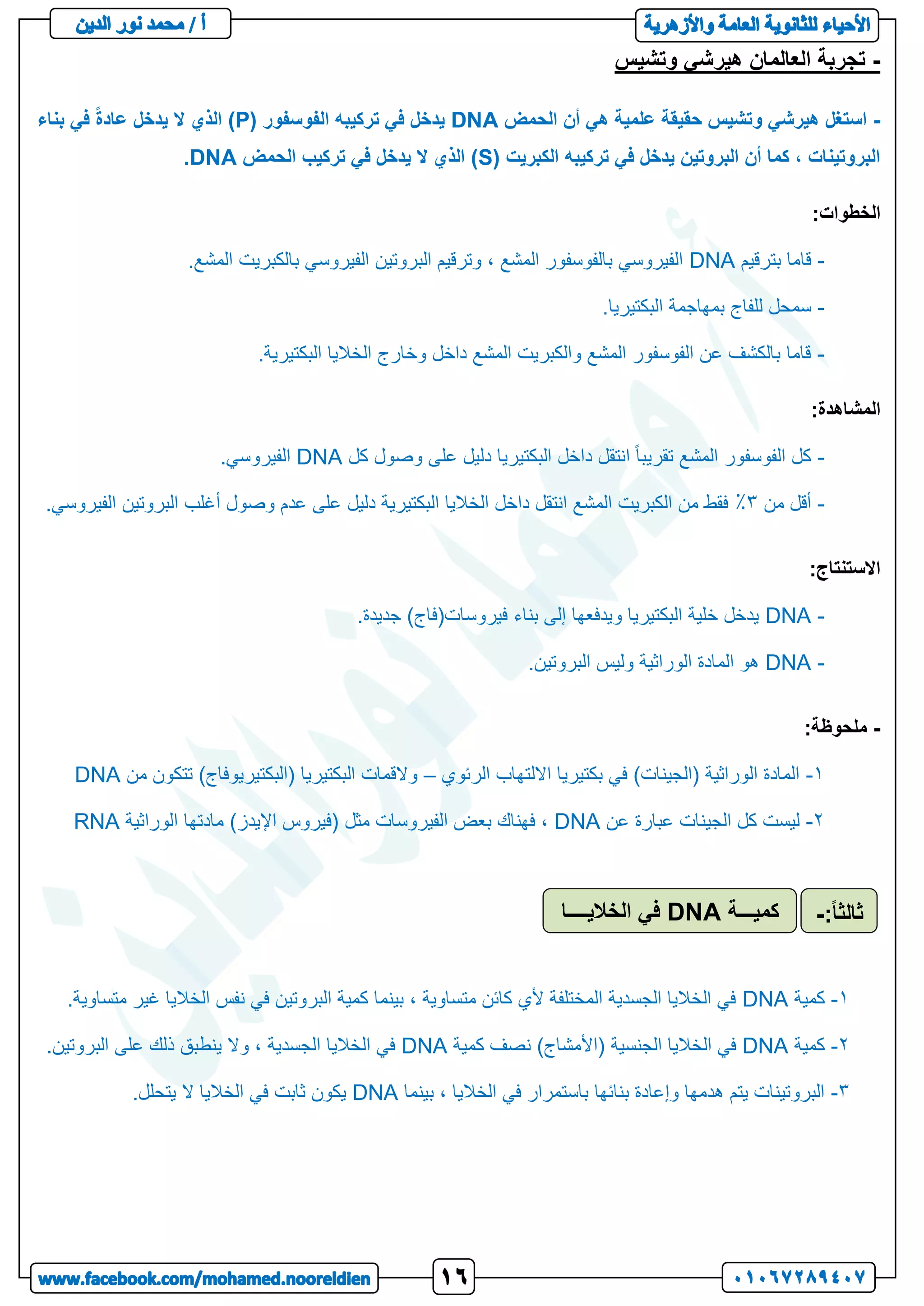 -
‫وتشيس‬ ‫هيرشي‬ ‫العالمان‬ ‫تجربة‬
-
‫الحمض‬ ‫أن‬ ‫هي‬ ‫علمية‬ ‫حقيقة‬ ‫وتشيس‬ ‫هيرشي‬ ‫استغل‬
DNA
( ‫الفوسفور‬ ‫تركيبه‬ ‫في‬ ‫يدخل‬
P
‫بناء‬ ‫في‬ ً‫ة‬‫عاد‬ ‫يدخل‬ ‫ال‬ ‫الذي‬ )
( ‫الكبريت‬ ‫تركيبه‬ ‫في‬ ‫يدخل‬ ‫البروتين‬ ‫أن‬ ‫كما‬ ، ‫البروتينات‬
S
‫الحمض‬ ‫تركيب‬ ‫في‬ ‫يدخل‬ ‫ال‬ ‫الذي‬ )
DNA
.
:‫الخطوات‬
-
‫بترقيم‬ ‫قاما‬
DNA
.‫المشع‬ ‫بالكبريت‬ ‫الفيروسي‬ ‫البروتين‬ ‫وترقيم‬ ، ‫المشع‬ ‫بالفوسفور‬ ‫الفيروسي‬
-
‫ب‬ ‫للفاج‬ ‫سمحل‬
.‫البكتيريا‬ ‫مهاجمة‬
-
.‫البكتيرية‬ ‫الخاليا‬ ‫وخارج‬ ‫داخل‬ ‫المشع‬ ‫والكبريت‬ ‫المشع‬ ‫الفوسفور‬ ‫عن‬ ‫بالكشف‬ ‫قاما‬
:‫المشاهدة‬
-
‫كل‬ ‫وصول‬ ‫على‬ ‫دليل‬ ‫البكتيريا‬ ‫داخل‬ ‫انتقل‬ ً‫ا‬‫تقريب‬ ‫المشع‬ ‫الفوسفور‬ ‫كل‬
DNA
.‫الفيروسي‬
-
‫من‬ ‫أقل‬
3
٪
.‫الفيروسي‬ ‫البروتين‬ ‫أغلب‬ ‫وصول‬ ‫عدم‬ ‫على‬ ‫دليل‬ ‫البكتيرية‬ ‫الخاليا‬ ‫داخل‬ ‫انتقل‬ ‫المشع‬ ‫الكبريت‬ ‫من‬ ‫فقط‬
:‫االستنتاج‬
-
DNA
.‫جديدة‬ )‫فيروسات(فاج‬ ‫بناء‬ ‫إلى‬ ‫ويدفعها‬ ‫البكتيريا‬ ‫خلية‬ ‫يدخل‬
-
DNA
.‫البروتين‬ ‫وليس‬ ‫الوراثية‬ ‫المادة‬ ‫هو‬
-
:‫ملحوظة‬
1
-
‫بكتي‬ ‫في‬ )‫(الجينات‬ ‫الوراثية‬ ‫المادة‬
‫الرئوي‬ ‫االلتهاب‬ ‫ريا‬
–
‫من‬ ‫تتكون‬ )‫(البكتيريوفاج‬ ‫البكتيريا‬ ‫والقمات‬
DNA
2
-
‫عن‬ ‫عبارة‬ ‫الجينات‬ ‫كل‬ ‫ليست‬
DNA
‫الوراثية‬ ‫مادتها‬ )‫اإليدز‬ ‫(فيروس‬ ‫مثل‬ ‫الفيروسات‬ ‫بعض‬ ‫فهناك‬ ،
RNA
1
-
‫كمية‬
DNA
.‫متساوية‬ ‫غير‬ ‫الخاليا‬ ‫نفس‬ ‫في‬ ‫البروتين‬ ‫كمية‬ ‫بينما‬ ، ‫متساوية‬ ‫كائن‬ ‫ألي‬ ‫المختلفة‬ ‫الجسدية‬ ‫الخاليا‬ ‫في‬
2
-
‫كمية‬
DNA
‫كمية‬ ‫نصف‬ )‫(األمشاج‬ ‫الجنسية‬ ‫الخاليا‬ ‫في‬
DNA
.‫البروتين‬ ‫على‬ ‫ذلك‬ ‫ينطبق‬ ‫وال‬ ، ‫الجسدية‬ ‫الخاليا‬ ‫في‬
3
-
‫الخالي‬ ‫في‬ ‫باستمرار‬ ‫بنائها‬ ‫وإعادة‬ ‫هدمها‬ ‫يتم‬ ‫البروتينات‬
‫بينما‬ ، ‫ا‬
DNA
.‫يتحلل‬ ‫ال‬ ‫الخاليا‬ ‫في‬ ‫ثابت‬ ‫يكون‬
‫كميـــة‬
DNA
‫الخاليــــا‬ ‫في‬ ً‫ا‬‫ثالث‬
:
-
 