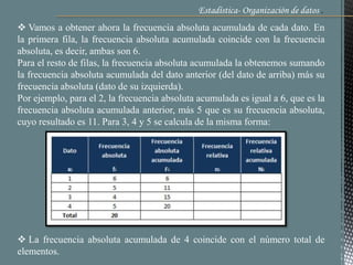 Estadística- Organización de datos .
 Vamos a obtener ahora la frecuencia absoluta acumulada de cada dato. En
la primera fila, la frecuencia absoluta acumulada coincide con la frecuencia
absoluta, es decir, ambas son 6.
Para el resto de filas, la frecuencia absoluta acumulada la obtenemos sumando
la frecuencia absoluta acumulada del dato anterior (del dato de arriba) más su
frecuencia absoluta (dato de su izquierda).
Por ejemplo, para el 2, la frecuencia absoluta acumulada es igual a 6, que es la
frecuencia absoluta acumulada anterior, más 5 que es su frecuencia absoluta,
cuyo resultado es 11. Para 3, 4 y 5 se calcula de la misma forma:
 La frecuencia absoluta acumulada de 4 coincide con el número total de
elementos.
 