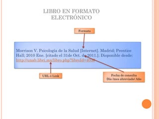 Morrison V. Psicología de la Salud [Internet]. Madrid; Prentice
Hall; 2010 Ene. [citado el 31de Oct. de 2011.]; Disponible desde:
http://unab.libri.mx/libro.php?libroId=403#
Fecha de consulta
Día /mes abreviado/ Año
Formato
URL ó Link
LIBRO EN FORMATO
ELECTRÓNICO
 