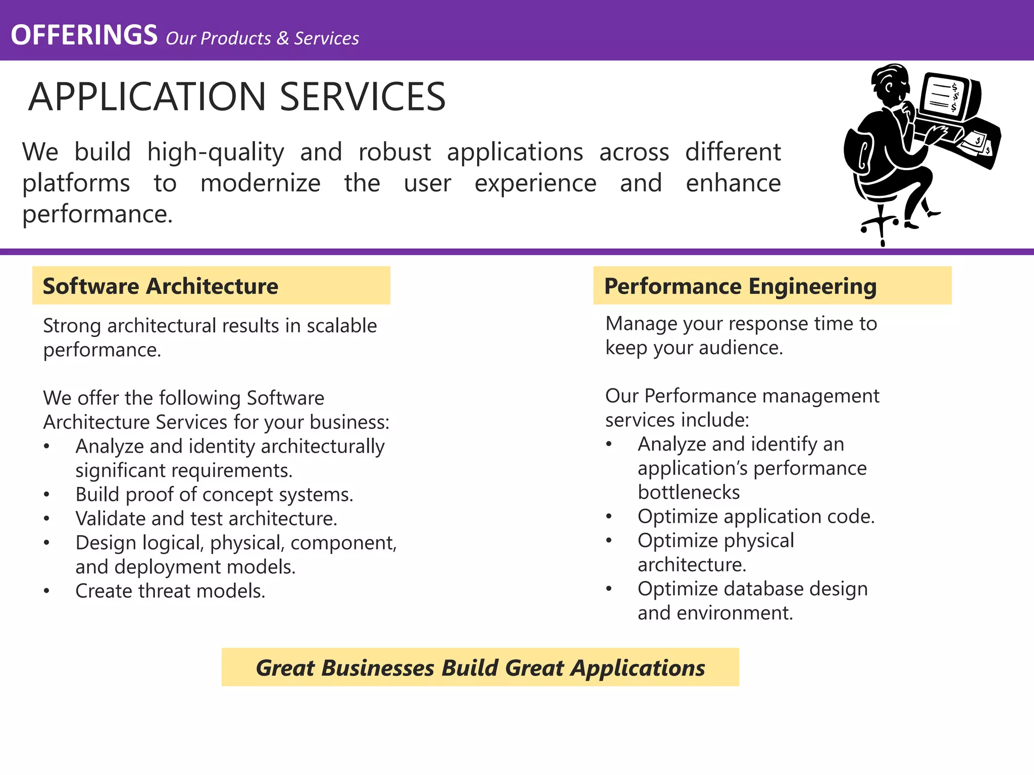 We build high-quality and robust applications across different
platforms to modernize the user experience and enhance
performance.
OFFERINGS Our Products & Services
APPLICATION SERVICES
Great Businesses Build Great Applications
Software Architecture
Strong architectural results in scalable
performance.
We offer the following Software
Architecture Services for your business:
• Analyze and identity architecturally
significant requirements.
• Build proof of concept systems.
• Validate and test architecture.
• Design logical, physical, component,
and deployment models.
• Create threat models.
Manage your response time to
keep your audience.
Our Performance management
services include:
• Analyze and identify an
application’s performance
bottlenecks
• Optimize application code.
• Optimize physical
architecture.
• Optimize database design
and environment.
Performance Engineering
 