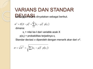 VARIANS DAN STANDAR
DEVIASISehingga varians dinyatakan sebagai berikut.
dimana:
xi = nilai ke-I dari variable acak X
p(xi) = probabilitas terjadinya xi
Standar deviasi  diperoleh dengan menarik akar dari 2.
     i
N
i
i xpxXE 

1
222

     ii xpx
22

 