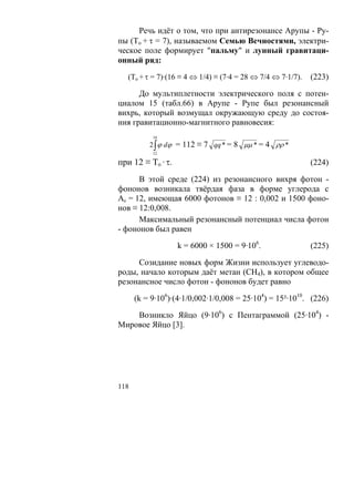 Речь идёт о том, что при антирезонансе Арупы - Ру-
пы (To + τ = 7), называемом Семью Вечностями, электри-
ческое поле формирует "пальму" и лунный гравитаци-
онный ряд:
  (To + τ = 7)·(16 ≡ 4 ⇔ 1/4) ≡ (7·4 = 28 ⇔ 7/4 ⇔ 7·1/7).   (223)

      До мультиплетности электрического поля с потен-
циалом 15 (табл.66) в Арупе - Рупе был резонансный
вихрь, который возмущал окружающую среду до состоя-
ния гравитационно-магнитного равновесия:
           16
          2 ∫ ϕ dϕ = 112 ≡ 7 qq * = 8 μμ * = 4 ρρ *
           12

при 12 ≡ To · τ.                                            (224)

      В этой среде (224) из резонансного вихря фотон -
фононов возникала твёрдая фаза в форме углерода с
Ас = 12, имеющая 6000 фотонов ≡ 12 : 0,002 и 1500 фоно-
нов ≡ 12:0,008.
      Максимальный резонансный потенциал числа фотон
- фононов был равен

                   k = 6000 × 1500 = 9·106.                 (225)

     Созидание новых форм Жизни использует углеводо-
роды, начало которым даёт метан (СН4), в котором общее
резонансное число фотон - фононов будет равно

      (k = 9·106)·(4·1/0,002·1/0,008 = 25·104) = 15²·1010. (226)

    Возникло Яйцо (9·106) с Пентаграммой (25·104) -
Мировое Яйцо [3].




118
 