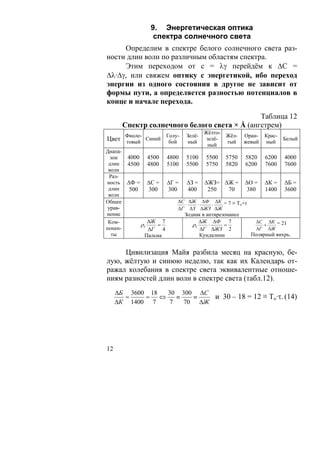 9. Энергетическая оптика
                 спектра солнечного света
     Определим в спектре белого солнечного света раз-
ности длин волн по различным областям спектра.
     Этим переходом от с = λγ перейдём к ΔC =
Δλ·Δγ, или свяжем оптику с энергетикой, ибо переход
энергии из одного состояния в другое не зависит от
формы пути, а определяется разностью потенциалов в
конце и начале перехода.
                                              Таблица 12
       Спектр солнечного белого света × Å (ангстрем)
                                    Жёлто-
     Фиоле-      Голу-      Зелё-            Жёл-   Оран-   Крас-
Цвет товый Синий бой        ный
                                     зелё-
                                             тый    жевый   ный
                                                                    Белый
                                     ный
Диапа-
  зон  4000 4500 4800 5100 5500 5750 5820 6200 4000
 длин  4500 4800 5100 5500 5750 5820 6200 7600 7600
 волн
  Раз-
ность ΔФ = ΔС = ΔГ = ΔЗ = ΔЖЗ= ΔЖ = ΔО = ΔК = ΔБ =
 длин  500     300   300     400       250     70   380    1400 3600
 волн
Общее                    ΔС ΔЖ ΔФ ΔК = 7 ≡ Т +τ
                           ⋅      ⋅      ⋅        о
 урав-                   ΔГ ΔЗ ΔЖЗ ΔЖ
нение                      Зодиак в антирезонансе
 Ком-         ΔЖ 7                 ΔЖ ΔФ       7        ΔС ΔК = 21
           ρ5      =           ρ5      ⋅     =            +
понен-        ΔГ 4                  ΔГ ΔЖЗ 2            ΔГ ΔЖ
   ты       Пальма                  Кундалини        Полярный вихрь.


     Цивилизация Майя разбила месяц на красную, бе-
лую, жёлтую и синюю неделю, так как их Календарь от-
ражал колебания в спектре света эквивалентные отноше-
ниям разностей длин волн в спектре света (табл.12).
     ΔБ 3600 18   30 300 ΔС
       =    =   ⇔   ≡   ≡   и 30 – 18 = 12 ≡ То·τ. (14)
     ΔК 1400 7    7   70 ΔЖ




12
 