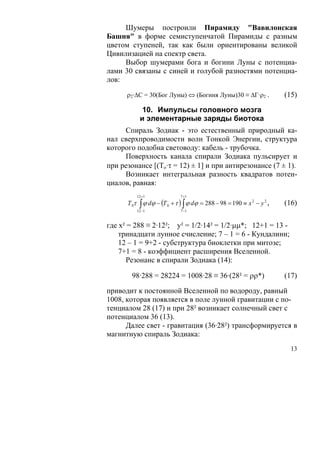 Шумеры построили Пирамиду "Вавилонская
Башня" в форме семиступенчатой Пирамиды с разным
цветом ступеней, так как были ориентированы великой
Цивилизацией на спектр света.
     Выбор шумерами бога и богини Луны с потенциа-
лами 30 связаны с синей и голубой разностями потенциа-
лов:

      ρ2·ΔC = 30(Бог Луны) ⇔ (Богиня Луны)30 ≡ ΔГ·ρ2 .                        (15)

               10. Импульсы головного мозга
              и элементарные заряды биотока
     Спираль Зодиак - это естественный природный ка-
нал сверхпроводимости волн Тонкой Энергии, структура
которого подобна световоду: кабель - трубочка.
     Поверхность канала спирали Зодиака пульсирует и
при резонансе [(То·τ = 12) ± 1] и при антирезонансе (7 ± 1).
     Возникает интегральная разность квадратов потен-
циалов, равная:
             12 +1                  7 +1
      Т 0τ    ∫ ϕ dϕ − (Т
             12 −1
                            0   + τ ) ∫ ϕ dϕ = 288 − 98 = 190 ≡ x 2 − y 2 ,
                                    7 −1
                                                                              (16)

где х² = 288 ≡ 2·12²; у² = 1/2·14² = 1/2·μμ*; 12+1 = 13 -
    тринадцати лунное счисление; 7 – 1 = 6 - Кундалини;
    12 – 1 = 9+2 - субструктура биоклетки при митозе;
    7+1 = 8 - коэффициент расширения Вселенной.
      Резонанс в спирали Зодиака (14):

        98·288 = 28224 = 1008·28 ≡ 36·(28² = ρρ*)                             (17)

приводит к постоянной Вселенной по водороду, равный
1008, которая появляется в поле лунной гравитации с по-
тенциалом 28 (17) и при 28² возникает солнечный свет с
потенциалом 36 (13).
      Далее свет - гравитация (36·28²) трансформируется в
магнитную спираль Зодиака:
                                                                                13
 