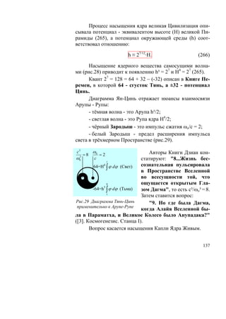 Процесс насыщения ядра великая Цивилизация опи-
сывала потенциал - эквивалентом высоте (Н) великой Пи-
рамиды (265), а потенциал окружающей среды (h) соот-
ветствовал отношению:

                       h ≡ 27/12·H.                   (266)

      Насыщение ядерного вещества самосущими волна-
ми (рис.28) приводит к появлению h³ = 27 и Н4 = 27 (265).
      Квант 27 = 128 = 64 + 32 – (-32) описан в Книге Пе-
ремен, в которой 64 - сгусток Тянь, а ±32 - потенциал
Цинь.
      Диаграмма Ян-Цинь отражает нюансы взаимосвязи
Арупы - Рупы:
      - тёмная волна - это Арупа h³/2;
      - светлая волна - это Рупа ядра Н4/2;
      - чёрный Зародыш - это импульс сжатия ωo/c = 2;
      - белый Зародыш - предел расширения импульса
света в трёхмерном Пространстве (рис.29).

c3        ω0                    Авторы Книги Дзиан кон-
     =8        =2
ω3
 0       c                   статируют: "8...Жизнь бес-
               1
                             сознательная пульсировала



☯
         64=Н4 ∫ ϕ dϕ (Свет)
                             в Пространстве Вселенной
                             во всесущности той, что
               0             ощущается открытым Гла-
        -64=h ∫ ϕ dϕ (Тьма)
             3
                             зом Дагма", то есть с³/ωo³ = 8.
               1
                             Затем ставится вопрос:
Рис.29 Диаграмма Тянь-Цинь      "9. Но где была Дагма,
 применительно к Арупе-Рупе
                             когда Алайя Вселенной бы-
ла в Параматха, и Великое Колесо было Анупадака?"
([3]. Космогенезис. Станца I).
       Вопрос касается насыщения Капли Ядра Живым.


                                                        137
 