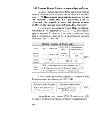 103. Единая Форма Существования Арупы-Рупы
      Пределы насыщения Капли Ядра Вселенной великая
Цивилизация определила и описала в Станце VII Теогене-
зиса [4]: "6. Царь явился сам и сейчас был известен им.
"Я - первый" - сказал Он, "и Я - последний, и оба мы
одно лицо. Свет пришёл из тьмы. Всё пришло из ниче-
го. Из Смерти пришла вечная Жизнь. Дело сделано".
      Это описание насыщения Капли Ядра самосущи-
ми волнами 2 (первый) и с³/ωo³× 2 = 8 2 (последний)
уровня живого - бессмертного, великая Цивилизация свя-
зала с потенциалом генома 63 и пропорциями великой
Пирамиды (рис.2, табл.16):

            Живое - неживое в Капле ядра
                                     Ядро ПСГ       Вытесненные
 Поля      Тянь        Геном 63
                                      (рис.3)      геномы (рис.3)
                   L
 Потен-                                (6+9) +    27+28+35+36 =
 циалы
            64     ∫ ϕ dϕ   = 63
                                     (6+9) = 30        126
                   r
                                                                    (267)
Соотно-        64²–63² =
                                             126 : 30 = 4,2
 шения        64+63 = 127
          1. ПСГ - периодическая система геномов (рис.3);
 Пояс-
          2. 4,2 - Зародыш Сердца (42 Грозных Божества [7]);
 нения
          3. 30 == (9+6)+(9+6) ≡ 12+22+32+42 (магнетизм).

     В поле Арупа-Рупа между средой и Недрами Капли
Ядра возникают колебания (рис.28.3, 264):

 Ядерные взаимодействия             Логарифмические волны
  H:h ⇔ H:H ⇔ h:h ⇔ hH             logalogaloga(H/H = h/h = 1) ≡    (268)
  249/12 ⇔ 1 ⇔ 1 ⇔ 249/12                logaloga0 = loga∞.


     Логарифмические волны (268) Космогенезис ([3].
Станца I) описывает как Единую Форму Существования.

138
 