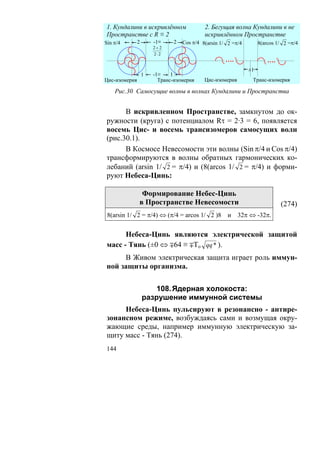 1. Кундалини в искривлённом                 2. Бегущая волна Кундалини в не
Пространстве с R ≡ 2                        искривлённом Пространстве
Sin π/4        2       -1≡     2   Cos π/4 8(arsin 1/ 2 =π/4        8(arcos 1/ 2 =π/4
                       2+2
                       2⋅2
                                                     ….                 ….
                                                               ±1
                   1   -1≡    1
Цис-изомерия             Транс-изомерия     Цис-изомерия        Транс-изомерия

    Рис.30 Самосущие волны в волнах Кундалини и Пространства


      В искривленном Пространстве, замкнутом до ок-
ружности (круга) с потенциалом Rτ = 2·3 = 6, появляется
восемь Цис- и восемь трансизомеров самосущих волн
(рис.30.1).
      В Космосе Невесомости эти волны (Sin π/4 и Cos π/4)
трансформируются в волны обратных гармонических ко-
лебаний (arsin 1/ 2 = π/4) и (8(arcos 1/ 2 = π/4) и форми-
руют Небеса-Цинь:

                Формирование Небес-Цинь
               в Пространстве Невесомости                                    (274)
 8(arsin 1/ 2 = π/4) ⇔ (π/4 = arcos 1/ 2 )8 и 32π ⇔ -32π.


      Небеса-Цинь являются электрической защитой
масс - Тянь (±0 ⇔ ∓64 ≡ ∓То qq * ).
     В Живом электрическая защита играет роль иммун-
ной защиты организма.

                       108. Ядерная холокоста:
                   разрушение иммунной системы
     Небеса-Цинь пульсируют в резонансно - антире-
зонансном режиме, возбуждаясь сами и возмущая окру-
жающие среды, например иммунную электрическую за-
щиту масс - Тянь (274).
144
 