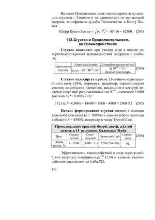 Великая Цивилизация, зная закономерности пульса-
ции сгустков - Геномов и их зависимость от ментальной
энергии, зашифровала судьбы Человечества в Книгу Бы-
тия:
     Шифр Книги Бытия ≡ ρ3 / T0 = 106/16 = 62500. (283)
                               2



           112. Сгустки и Продолжительность
                   во Взаимодействиях
     Сгусток возникает при сжатии волн в момент их
короткодействующих взаимодействий (ядерного и слабо-
го):
             Короткодействия Логарифмические волны
  Зарождение
                                      lg 1013 = 13 - (284)
    сгустка ρ2·ρ4 = 10-1·1014=1013
                                   Лунный Календарь.

      Сгусток пульсирует в ритме 13-лунного гравитаци-
онного поля (284), формируя, например, периодическую
систему химических элементов, последним в которой яв-
ляется инертный радиоактивный газ Х112, имеющий 14000
фотонов mc*= 0,008 (275):

  112:(mc*= 0,008) = 14000 ≡ 7600 – 4800 ≡ 2800·0,5. (285)

      Начало формирования сгустка связано с волнами
красно-белого света (λ = 7600Ǻ) и сине-голубого перехода
в области λ = 4800Ǻ, например в чакре Третий Глаз:
  Происхождение красной, белой, синей, жёлтой
    недель в 13-ти лунном Календаре Майя
            Красно-     Сине-                      Сороко- (286)
  Цвет                           Лунно-жёлтый
             белый     голубой                      вица
 Длина      λ =7600 – (4800= λ) ≡ 2280:(ΔЖ-70) =     40.
волны, Ǻ

      Эффективность взаимодействий в поле короткодей-
ствия достигает потенциала ρ4100 (274) и ядерные взаимо-
действия расщепляются (табл.82).

150
 