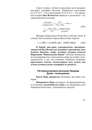 Сдвиг по фазе в области самосущих волн вызывает
цис-транс изомерию фотонов. Появляется восходящие
(1+2+3+4+5 = 15) и нисходящие (5+4+3+2+1 = 15), враще-
ние которых Над Вечностью приводит к резонансно - ан-
тирезонансной пульсации:

             резонанс     152 с 2
                       ≡            ≡ 30с ⇔
           антирезонанс 15ω0 + 15ω0
                                                 (307)
             1    15ω0 + 15ω0 антирезонанс
                ≡            ≡             .
            30с     152 с 2     резонанс

     Шумеры обожествили 30 как бога и богиню Луны. В
спектре света возникает красно-фиолетовая энергия:

      1 ⇔ 900с² ≡ [(1400Ǻ≡ΔK) – (500Ǻ≡ΔФ)]с².    (308)

     В борьбе цис-транс изомерических противопо-
ложностей Над Вечностью возникнет грандиозное поле
Единого Космоса, эпюру которого шумеры описали
Пирамидой "Вавилонская башня". Фотоны сближались
на полуокружностях и расходились вновь на вторых полу-
окружностях, а мы, под влиянием синайских мудрецов,
продолжаем считать молекулярные веса только как
суммы атомных весов, игнорируя их разность.

      125. Корпускулярно-волновая Природа
               Дзиан - потенциалов
      Капля Ядра вращается. Возникает цис-транс изо-
мерия.
      Поверхность Ядра пульсирует. В окружающей сре-
де потенциал увеличивается вдвое, а во внутреннем поле
поверхностной волны - уменьшается в два раза.




                                                   167
 
