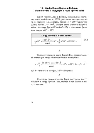 15. Шифр Книги Бытия и Библии:
     сила биотока и индукция в чаре Третий Глаз

      Шифр Книги Бытия и Библии, связанный со значи-
мостью одной буквы из 62500, рассчитан на скорость све-
та в Космосе Невесомости, равной с ≡ 300 тыс.км/сек;
длину волны λ = 4800Å, которая делит синюю и голубую
области в чакре Третий Глаз (табл.12); и количество фото-
нов, равное 10 20 = 1010:

               Шифр Библии и Книги Бытия
                            о
     с             3 ⋅1018 А / сек              1 16 10                                 (30)
         10 ≡
          20
                                     10−10 =      10 10 = 625001 / сек .
     λ                 4800 А
                                о
                                               16




      При поступлении в чакру Третий Глаз электрическо-
го заряда qc в чакре возникает биоток и индукция:
                                                 о
          qc       16 ⋅ 10− 20 A ⋅ сек ⋅ 3 ⋅ 1018 А
     J=        =                                      = 10− 4 А ⇔ 104 1 / А ≡ 1 / J ,   (31)
          λ                     4800 А
                                      о




где J - сила тока в амперах, а 1/J - индукция.


     Изменение энергетических форм импульсов, посту-
пающих в чакру Третий Глаз, меняет в ней биоток и ин-
дуктивность.




20
 