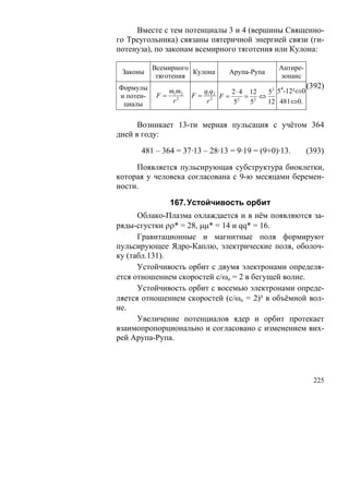Вместе с тем потенциалы 3 и 4 (вершины Священно-
го Треугольника) связаны пятеричной энергией связи (ги-
потенуза), по законам всемирного тяготения или Кулона:

           Всемирного                          Антире-
 Законы               Кулона     Арупа-Рупа
            тяготения                          зонанс
Формулы                                         4         (392)
               mm         qq       2 ⋅ 4 12 52 5 -12²⇔0
и потен-    F = 12 2   F = 1 22 F = 2 = 2 ⇔
 циалы          r          r        5    5  12 481⇔0.


      Возникает 13-ти мерная пульсация с учётом 364
дней в году:

      481 – 364 = 37·13 – 28·13 = 9·19 = (9+0)·13.        (393)

     Появляется пульсирующая субструктура биоклетки,
которая у человека согласована с 9-ю месяцами беремен-
ности.

                167. Устойчивость орбит
      Облако-Плазма охлаждается и в нём появляются за-
ряды-сгустки ρρ* = 28, μμ* = 14 и qq* = 16.
      Гравитационные и магнитные поля формируют
пульсирующее Ядро-Каплю, электрические поля, оболоч-
ку (табл.131).
      Устойчивость орбит с двумя электронами определя-
ется отношением скоростей с/ωo = 2 в бегущей волне.
      Устойчивость орбит с восемью электронами опреде-
ляется отношением скоростей (с/ωo = 2)³ в объёмной вол-
не.
      Увеличение потенциалов ядер и орбит протекает
взаимопропорционально и согласовано с изменением вих-
рей Арупа-Рупа.




                                                            225
 