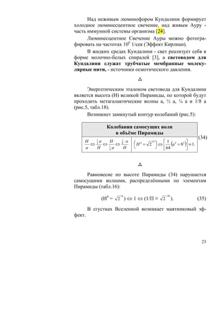 Над неживым люминофором Кундалини формирует
холодное люминесцентное свечение, над живым Ауру -
часть иммунной системы организма [24].
      Люминесцентное Свечение Ауры можно фотогра-
фировать на частотах 106 1/сек (Эффект Кирлиан).
      В жидких средах Кундалини - свет реализует себя в
форме молочно-белых спиралей [3], а световодом для
Кундалини служат трубчатые мембранные молеку-
лярные нити, - источники осмотического давления.


      Энергетическим эталоном световода для Кундалини
является высота (Н) великой Пирамиды, по которой будут
проходить метагалактические волны а, ½ а, ¼ а и 1/8 а
(рис.5, табл.18).
      Возникнет замкнутый контур колебаний (рис.5):

               Колебания самосущих волн
                  в объёме Пирамиды
                                                                   (34)
                  ⋅а
          а
                                                  (
                          ⎛ Н 4 = 2 14 ⎞ ⇔ ⎡ 1 а 4 = 82   )
                                                          ⎤
                1
    Н   1
            Н
      ⇔ 2 ⇔ 1 ⇔8          ⎜            ⎟   ⎢ 64           ⎥ ≡ 1.
    а   Н   4
              а  Н        ⎝            ⎠   ⎣              ⎦




     Равновесие по высоте Пирамиды (34) нарушается
самосущими волнами, распределёнными по элементам
Пирамиды (табл.16):
                    14                      −28
             (Н4 = 2 ) ⇔ 1 ⇔ (1/П ≡ 2             ).               (35)

        В сгустках Вселенной возникает маятниковый эф-
фект.




                                                                    23
 