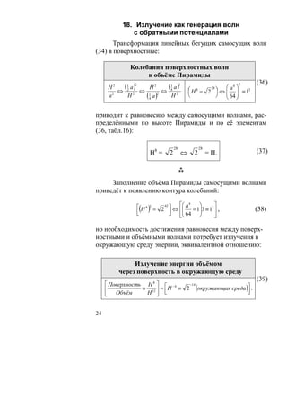 18. Излучение как генерация волн
              с обратными потенциалами
       Трансформация линейных бегущих самосущих волн
(34) в поверхностные:

              Колебания поверхностных волн
                   в объёме Пирамиды
                                                                           (36)
      Н2  (1 а)
         ⇔ 2 2 ⇔
                2
                   Н2      (1 а )
                          ⇔ 8 2
                                            2
                                                             28
                                                               4  2
                                                ⎛ Н = 2 ⎞ ⇔ ⎛ а ⎞ ≡ 12 .
                                                ⎜ 8
                                                        ⎟ ⎜ ⎟
      а2   Н     ( 1 а )2
                   4
                            Н                   ⎝       ⎠ ⎜ 64 ⎟
                                                            ⎝ ⎠


приводит к равновесию между самосущими волнами, рас-
пределёнными по высоте Пирамиды и по её элементам
(36, табл.16):

                                       28             28
                          Н8 =     2        ⇔     2        = П.            (37)



     Заполнение объёма Пирамиды самосущими волнами
приведёт к появлению контура колебаний:

                    ⎡ Н 8 3 = 2 42 ⎤ ⇔ ⎡⎛ а = 1⎞3 ≡ 12 ⎤ ,
                     ( )
                                           4
                                        ⎜
                                       ⎢⎜      ⎟       ⎥                   (38)
                    ⎢
                    ⎣              ⎥
                                   ⎦   ⎣⎝ 64 ⎟ ⎠       ⎦

но необходимость достижения равновесия между поверх-
ностными и объёмными волнами потребует излучения в
окружающую среду энергии, эквивалентной отношению:

               Излучение энергии объёмом
          через поверхность в окружающую среду
                                                                           (39)
     ⎡ Поверхность Н 8 ⎤ ⎡ − 4
                  ≡ 12 ⎥ = Н ≡ 2 (окружающая среда )⎤ .
                                −14
     ⎢
     ⎣   Объём     Н ⎦ ⎢  ⎣                         ⎥
                                                    ⎦


24
 