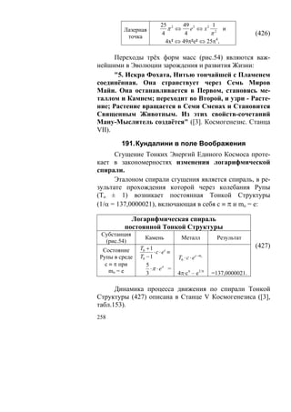 25 2    49         1
        Лазерная             π ⇔ e2 ⇔ x 2 2 и
                          4        4        π                         (426)
         точка
                            4х² ⇔ 49π²е² ⇔ 25π4.

      Переходы трёх форм масс (рис.54) являются важ-
нейшими в Эволюции зарождения и развития Жизни:
      "5. Искра Фохата, Нитью тончайшей с Пламенем
соединённая. Она странствует через Семь Миров
Майи. Она останавливается в Первом, становясь ме-
таллом и Камнем; переходит во Второй, и узри - Расте-
ние; Растение вращается в Семи Сменах и Становится
Священным Животным. Из этих свойств-сочетаний
Ману-Мыслитель создаётся" ([3]. Космогенезис. Станца
VII).

       191. Кундалини в поле Воображения
      Сгущение Тонких Энергий Единого Космоса проте-
кает в закономерностях изменения логарифмической
спирали.
      Эталоном спирали сгущения является спираль, в ре-
зультате прохождения которой через колебания Рупы
(То ± 1) возникает постоянная Тонкой Структуры
(1/α = 137,0000021), включающая в себя с ≡ π и mo = e:

           Логарифмическая спираль
         постоянной Тонкой Структуры
 Субстанция
                  Камень             Металл             Результат
  (рис.54)
               T0 + 1                                                 (427)
 Состояние             ⋅ c ⋅ ec ≡
Рупы в среде   T0 − 1               T0 ⋅ c ⋅ ec −mc
  с ≡ π при       5
    mo = e          ⋅ π ⋅ eπ =
                  3                 4π·сπ – е1/π      =137,0000021.

      Динамика процесса движения по спирали Тонкой
Структуры (427) описана в Станце V Космогенезиса ([3],
табл.153).
258
 