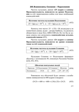 205. Взаимосвязь Сознание – Подсознание
     Частота пульсации, равная ±25 кадров в единицу
Продолжительности, появляется на уровне Подсозна-
ния за счёт гравитационно-слабых или иных комбинаций
взаимодействий:

   Источник частоты пульсации Подсознания
                                                            (452)
 -25 = lg(ρ1 ρ2 = 10-25) и +25 = lg(ρ3 ρ4 /ρ5 = 1025).

     Разность этих частот: 25 – (-25) = 50, вездесуща и, не
поняв Книги Дзиан, иудеи – авторы Каббалы, эту разность
обожествили в виде бога АЙН-СОФ [2]. Но что бы не ду-
мали семиты или антисемиты взаимодействия остались
взаимодействиями (452).
     Частота пульсации, равная ±24 кадрам в единицу
Продолжительности, появляется на уровне сознания
также за счёт взаимодействий:

    Источник частоты пульсации Сознания
                                                            (453)
     -24 = lg(ρ1 = 10-24) и +24 = lg(ρ3² = 1024).

       Пульсация Сознание ⇔ Подсознание формирует
оболочку с потенциалом 49, описанную Русскими Рунами
([22], 452, 453).

            Оболочки ментальных полей
 Переходы    К Подсознанию К Сознанию        Оболочка       (454)
Потенциалы        25/24    ⇔     24/25     25² – 24² = 49

     Равновесие под оболочкой будет связано с колеба-
ниями эквивалентности 600 кадров в квадрате:

       -24·25 ≡ -600 ⇔ +600 ≡ (-24)·(-25) ≡ 24·25.          (455)

                                                              277
 