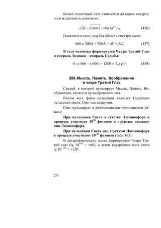 Белый солнечный свет сжимается до корня квадрат-
ного из разности длин волн:
                           о
                ΔБ = 3600 А = 600(Å)1/2·ρ2.        (456)

      Появляется сине-голубая область спектра света:

             600 ≡ 300Å + 300Å = ΔГ + ΔС.          (457)

     В теле человека формируется Чакра Третий Глаз
и спираль Зодиака – спираль Судьбы:

           0 ⇔ 600 – (-600) = 1200 ≡ Toτ ρ5².      (458)


         206. Мысль, Память, Воображение
                в чакре Третий Глаз
      Средой, в которой пульсирует Мысль, Память, Во-
ображение, является пульсирующий свет.
      Режим всех форм пульсации является Подобием
пульсации света. Свет как камертон.
      Свет пульсирует в резонансно-антирезонансном ре-
жиме.
      При пульсации Света в сгустке Люминофора в
процессе участвует 1020 фотонов в пределах насыще-
ния Люминофора.
      При пульсации Света над сгустком Люминофора
в процессе участвуют 10-20 фотонов (табл.165).
      В логарифмических полях формируется Чакра Тре-
тий глаз (lg 10±60 = ±60), а затем внутреннее поле света
lg 10±120 = ±120.




278
 