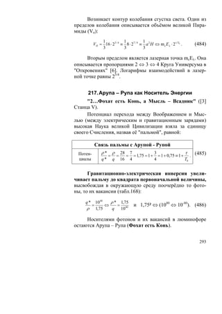 Возникает контур колебания сгустка света. Один из
пределов колебания описывается объёмом великой Пира-
миды (Vп):
              1             1            1
          VП = 16 ⋅ 23 / 4 ≡ 8 ⋅ 27 / 4 ≡ а 2 Н ⇔ m c Eλ ⋅ 2τ T0 .   (484)
              3             3            3

      Вторым пределом является лазерная точка mcEλ. Она
описывается пропорциями 2 ⇔ 3 ⇔ 4 Круга Универсума в
"Откровениях" [6]. Логарифмы взаимодействий в лазер-
ной точке равны 23/4.


     217. Арупа – Рупа как Носитель Энергии
      "2…Фохат есть Конь, а Мысль – Всадник" ([3]
Станца V).
      Потенциал перехода между Воображением и Мыс-
лью (между электрическим и гравитационным зарядами)
высокая Наука великой Цивилизации взяла за единицу
своего Счисления, назвав её "пальмой", равной:

              Связь пальмы с Арупой - Рупой
                ρ*        ρ       28 7            3                τ
 Потен-               =       =     = = 1,75 = 1 + = 1 + 0,75 ≡ 1 + . (485)
 циалы           q*       q       16 4            4                T0


      Гравитационно-электрическая инверсия увели-
чивает пальму до квадрата первоначальной величины,
высвобождая в окружающую среду поочерёдно то фото-
ны, то их вакансии (табл.168):

    q*        10 40   ρ * 1,75
          =         ⇔    =              и 1,75² ⇔ (1080 ⇔ 10-80). (486)
     ρ        1,75     q 10 40

     Носителями фотонов и их вакансий в люминофоре
остаются Арупа – Рупа (Фохат есть Конь).


                                                                       293
 