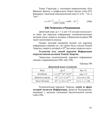 Токая Структура с потенциал-эквивалентами бога
Времени Кронос и шифр-ключа Книги Бытия (табл.197)
формирует двоичный математический язык (1 и 0) – "да" и
"нет":
                        ⎛      1                       ⎞
           1 ⇔ 10110± 2 ⎜               = 1,099… ⋅10−8 ⎟ .             (546)
                        ⎝ 14455 ⋅ 62500                ⎠

              248. Телепатия и Размножение
      Двоичный язык да ≡ 1 и нет ≡ 0 сегодня использует-
ся нами для передачи информации электромагнитными
волнами света, скорость которых в Невесомости равна 300
тысяч километров в секунду.
      Однако несущей (опорной) волной для передачи
информации в режиме да - нет может быть и волна Тонкой
Энергии, скорость которой в 1040 раз выше скорости света.
      Телепатия есть способ передачи Информации
сверхсветовыми волнами Тонкой Энергии.
      Энергетика телепатической передачи информации
связана с неравновесием (546, табл.198).
                                                             Таблица 198
                Двоичный язык телепатии
       Язык                      Да ≡1                       Нет ≡ 0
    Колебания           1 ⇔ 10110·10±2·10,79-9               loga1 ≡ 0
 Диапазон в средах       10112 ⇔ 1 ⇔ 10-101            112 ⇔ 0 ⇔ 101
  Число Человека         10113 ⇔ 10 ⇔ 10-100          113 ⇔ 1 ⇔ -100.

      Телепатическая передача Энергии, одной из форм
которой является Информация, является Размножение,
связанное с митозом (делением) биологической клетки
(табл.198):




                                                                         335
 