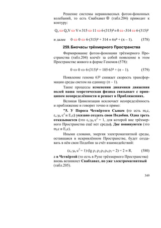 Решение системы неравновесных фотон-фононных
колебаний, то есть Свабхават  (табл.204) приводит к
контуру:

Qо ⇔ QоV ⇔ V ≡ 315 ⇔ 11 ⇔ 6·(315)² ≡ 0 ⇔ -314 ⇔ 6·(315)²

и далее     0 ⇔ 0 ⇔ 6·(315)² + 314 ≡ 6π² + (π – 1).         (578)

     259. Биочасы трёхмерного Пространства
     Формирование фотон-фононами трёхмерного Про-
странства (табл.204) влечёт за собой появление в этом
Пространстве живого в форме Геномов (578):

            0 ⇔ 0 ⇔ 6·(315)² = 105·63² + (π – 1).           (579)

       Появление генома 63² снижает скорость трансфор-
мации среды светом на единицу (π – 1).
       Такие процессы изменения динамики движения
полей наша теоретическая физика связывает с прин-
ципом неопределённости и решает в Приближениях.
       Великая Цивилизация исключает неопределённость
и приближение и говорит точно и прямо:
       "5. У Порога Четвёртого Сынам (то есть mcc,
εο·μo·c2 и Eλс) указано создать свои Подобия. Одна треть
отказывается (это εο·μo·c2 = 1, для которой вне трёхмер-
ного Пространства ещё нет среды). Две повинуются (это
mcc и Eλс).
       Иными словами, энергия электромагнитной среды,
оставшаяся в искривлённом Пространстве, будет созда-
вать в нём свои Подобия за счёт взаимодействий:

          (εο·μo·c2 = 1)·(lg ρ1 ρ2 ρ3 ρ4 ρ5 = 2) = 2 ≡ R,   (580)
а в Четвёртой (то есть в Рупе трёхмерного Пространства)
вновь возникнет Свабхават, но уже электромагнитный
(табл.205).

                                                              349
 