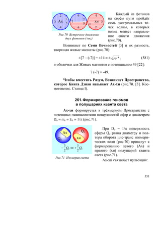 2          6             4       Каждый из фотонов
        1         7            на своём пути пройдёт
3 Ах 5 7                  хи 3 семь экстремальных то-
                  5 1
    4          6          2    чек волны, в которых
                               волна меняет направле-
   Рис.70 Встречное движение   ние своего движения
       двух фотонов (±mc)
                               (рис.70).
      Возникнет по Семи Вечностей [3] и их разность,
творящая живые магниты (рис.70):

               ±[7 – (-7)] = ±14 ≡ ± μμ * ,          (581)
и оболочки для Живых магнитов с потенциалом 49 [22]:

                         7·(-7) = -49.

     Чтобы вместить Разум, Возникнет Пространство,
которое Книга Дзиан называет Ах-хи (рис.70. [3]. Кос-
могенезис. Станца I).


             261. Формирование геномов
             в полушариях кванта света
      Ах-хи формируется в трёхмерном Пространстве с
потенциал-эквивалентами поверхностей сфер с диаметром
Do ≡ mc ≡ Eλ ≡ 1/π (рис.71).

                                При Do = 1/π поверхность
       Ax          Qo
                           сферы Qo равна диаметру и пол-
  Qo          xи           тора оборота цис-транс изомери-
                           ческих волн (рис.70) приведут к
     3      3              формированию левого (Ах) и
    − Q0 ⇔ + Q0
     2      2              правого (хи) полушарий кванта
                           света (рис.71).
 Рис.71 Изомерия света
                                Ах-хи связывает пульсация:



                                                       351
 