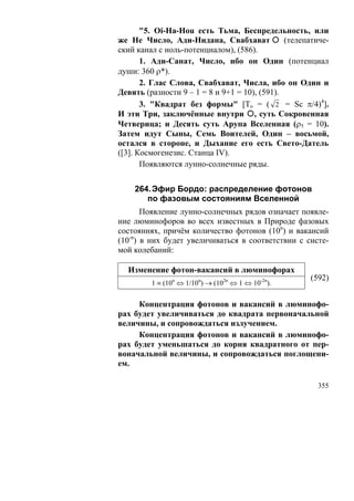 "5. Oi-Ha-Hou есть Тьма, Беспредельность, или
же Не Число, Ади-Нидана, Свабхават             (телепатиче-
ский канал с ноль-потенциалом), (586).
       1. Ади-Санат, Число, ибо он Один (потенциал
души: 360 ρ*).
       2. Глас Слова, Свабхават, Числа, ибо он Один и
Девять (разности 9 – 1 = 8 и 9+1 = 10), (591).
       3. "Квадрат без формы" [То = ( 2 = Sc π/4)4].
И эти Три, заключённые внутри , суть Сокровенная
Четверица; и Десять суть Арупа Вселенная (ρ5 = 10).
Затем идут Сыны, Семь Воителей, Один – восьмой,
остался в стороне, и Дыхание его есть Свето-Датель
([3]. Космогенезис. Станца IV).
       Появляются лунно-солнечные ряды.


    264. Эфир Бордо: распределение фотонов
       по фазовым состояниям Вселенной
       Появление лунно-солнечных рядов означает появле-
ние люминофоров во всех известных в Природе фазовых
состояниях, причём количество фотонов (10n) и вакансий
(10-n) в них будет увеличиваться в соответствии с систе-
мой колебаний:

  Изменение фотон-вакансий в люминофорах
                                                     (592)
         1 ≡ (10n ⇔ 1/10n) → (102n ⇔ 1 ⇔ 10-2n).


     Концентрация фотонов и вакансий в люминофо-
рах будет увеличиваться до квадрата первоначальной
величины, и сопровождаться излучением.
     Концентрация фотонов и вакансий в люминофо-
рах будет уменьшаться до корня квадратного от пер-
воначальной величины, и сопровождаться поглощени-
ем.

                                                       355
 