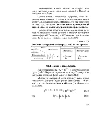 Использование эталона времени гарантирует точ-
ность прибытия в пункт назначения: летящий в Шанхай не
попадёт в Нью-Йорк.
      Однако пилоты звездолётов будущего, наши ны-
нешние космонавты–астронавты, или сегодняшние экипа-
жи НЛО, бороздящие Космос Невесомости, где нет атомов
ни водорода, ни цезия, должны иметь пульсирующий
эталон времени в виде электромагнитной среды света.
      Применимость электромагнитной среды света выте-
кает из отношения числа фотонов в пределах насыщения
люминофора (1020 фотонов) и 1013 фотонов, задействован-
ных в 13-ти лунном отсчёте времени (табл.209).
                                       Таблица 209
 Фотоны электромагнитной среды как эталон Времени
          Поля                                        Среды
Число              Отношение
                                      Магнитная             Электрическая
фотонов
                        ±1
В люминофоре      ⎛ 1020 ⎞                μ0                   ε0
                  ⎜ 13 ⎟ = 10±7
                  ⎜ 10 ⎟              ≡      ≡ 10−7                   ≡ 107 .
  В биочасах      ⎝      ⎠                4π                 4π ⋅ c 2



                 268. Геномы и эфир Бордо
      Короткодействие (ρ2·ρ4 = 1013) и электромагнитная
среда (табл.209) распространяется по всему Космосу. кон-
центрация фотонов в фазах меняется (табл.210).
      Максимум соударений будет достигнут когда сумма
показателей степеней будет равна эквиваленту 110 Бо-
жеств в теле Человека (Книга Мёртвых) в Дзиан-среде
(табл.210):
                                                        2
           107/4+7/2+7+14+28+56=110,25 ≡ 10110·10(0,5) ,               (597)
                                  1       1
где                     0,52 ≡ − ∫ ϕ dϕ ⋅ ∫ ϕ dϕ                       (598)
                                  0       0




                                                                          359
 