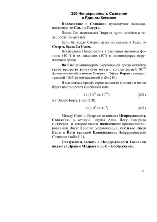 269. Непрерывность Сознания
                 в Едином Космосе
      Подсознание и Сознание, пульсируют, вызывая,
например, то Сон, то Смерть.
      После Сна ментальная Энергия души остаётся в те-
ле, после Смерти нет.
      Если бы после Смерти душа оставалась в Теле, то
Смерть была бы Сном.
      Носителями Подсознания и Сознания являются фо-
тоны (10+n) и их вакансии (10-n) в люминофорах окру-
жающей среды.
      Во Сне люминофором окружающей среды остаётся
серое вещество головного мозга с концентрацией 10±20
фотон-вакансий, а после Смерти – Эфир Бордо с концен-
трацией 10±5 фотон-вакансий (табл.210).
      В магнитных средах серое вещество головного мозга
будет иметь предел колебаний типа:

                   14·(1020 ⇔ 10-20),             (602)
а в Эфире Бордо (табл.210):

                    14·(105 ⇔ 10-5).              (603)

     Между Сном и Смертью возникнет Непрерывность
Сознания, о которой, изучая Агни Йогу, говорила
Е.И.Рерих, и которое своим Вознесением продемонстри-
ровал нам Иисус Христос, управляющий, как и все Люди
Воли и Йоги великой Цивилизации, Непрерывностью
Сознания (табл.211).
     Связующим звеном в Непрерывности Сознания
является Дракон Мудрости [3, 4] – Воображение.




                                                    361
 