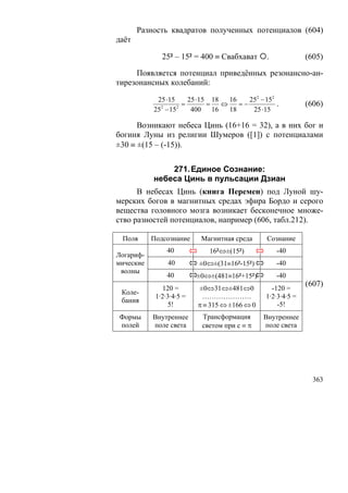 Разность квадратов полученных потенциалов (604)
даёт

              25² – 15² = 400 ≡ Свабхават       .            (605)

     Появляется потенциал приведённых резонансно-ан-
тирезонансных колебаний:

            25 ⋅15     25 ⋅15 18   16    252 − 152
                     =       =   ⇔    =−           .         (606)
           252 − 152    400 16     18     25 ⋅15

      Возникают небеса Цинь (16+16 = 32), а в них бог и
богиня Луны из религии Шумеров ([1]) с потенциалами
±30 ≡ ±(15 – (-15)).


               271. Единое Сознание:
           небеса Цинь в пульсации Дзиан
      В небесах Цинь (книга Перемен) под Луной шу-
мерских богов в магнитных средах эфира Бордо и серого
вещества головного мозга возникает бесконечное множе-
ство разностей потенциалов, например (606, табл.212).

 Поля      Подсознание     Магнитная среда      Сознание
                40           16²⇔±(15²)             -40
Логариф-
мические        40        ±0⇔±(31≡16²-15²)          -40
 волны
                40        ±0⇔±(481≡16²+15²)         -40
                                                             (607)
               120 =      ±0⇔31⇔±481⇔0           -120 =
 Коле-
            1·2·3·4·5 =    …………………             1·2·3·4·5 =
 бания
                5!        π ≡ 315 ⇔ ±166 ⇔ 0       -5!
Формы      Внутреннее      Трансформация       Внутреннее
полей      поле света      светом при с ≡ π    поле света




                                                               363
 