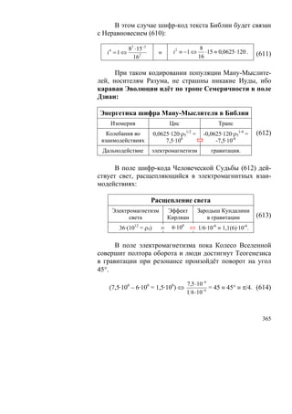В этом случае шифр-код текста Библии будет связан
с Неравновесием (610):

              82 ⋅15−2                             8
   i4 = 1 ⇔                    ≡     i 2 ≡ −1 ⇔      ⋅15 ≡ 0,0625 ⋅120 .   (611)
                162                               16

      При таком кодировании популяции Ману-Мыслите-
лей, носителям Разума, не страшны никакие Иуды, ибо
караван Эволюции идёт по тропе Семеричности в поле
Дзиан:

Энергетика шифра Ману-Мыслителя в Библии
    Изомерия                        Цис                   Транс
   Колебания во              0,0625·120·ρ51/2 =     -0,0625·120·ρ51/4 =    (612)
 взаимодействиях                  7,5·106                -7,5·10-6
 Дальнодействие              электромагнетизм          гравитация.

      В поле шифр-кода Человеческой Судьбы (612) дей-
ствует свет, расщепляющийся в электромагнитных взаи-
модействиях:

                             Расщепление света
    Электромагнетизм                Эффект        Зародыш Кундалини
          света                     Кирлиан          в гравитации          (613)
       36·(1012 = ρ5)           ≡    6·106 ⇔ 1/6·10-6 ≡ 1,1(6)·10-6.


      В поле электромагнетизма пока Колесо Вселенной
совершит полтора оборота и люди достигнут Теогенезиса
в гравитации при резонансе произойдёт поворот на угол
45°.

              6          6     7,5 ⋅10−6
                                     6
   (7,5·10 – 6·10 = 1,5·10 ) ⇔           = 45 ≡ 45° ≡ π/4. (614)
                               1 6 ⋅10−6



                                                                             365
 