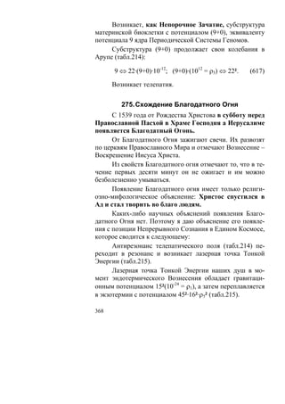 Возникает, как Непорочное Зачатие, субструктура
материнской биоклетки с потенциалом (9+0), эквиваленту
потенциала 9 ядра Периодической Системы Геномов.
     Субструктура (9+0) продолжает свои колебания в
Арупе (табл.214):

      9 ⇔ 22·(9+0)·10-12; (9+0)·(1012 = ρ3) ⇔ 22².   (617)

      Возникает телепатия.


         275. Схождение Благодатного Огня
      С 1539 года от Рождества Христова в субботу перед
Православной Пасхой в Храме Господня а Иерусалиме
появляется Благодатный Огонь.
      От Благодатного Огня зажигают свечи. Их развозят
по церквям Православного Мира и отмечают Вознесение –
Воскрешение Иисуса Христа.
      Из свойств Благодатного огня отмечают то, что в те-
чение первых десяти минут он не ожигает и им можно
безболезненно умываться.
      Появление Благодатного огня имеет только религи-
озно-мифологическое объяснение: Христос спустился в
Ад и стал творить во благо людям.
      Каких-либо научных объяснений появления Благо-
датного Огня нет. Поэтому я даю объяснение его появле-
ния с позиции Непрерывного Сознания в Едином Космосе,
которое сводится к следующему:
      Антирезонанс телепатического поля (табл.214) пе-
реходит в резонанс и возникает лазерная точка Тонкой
Энергии (табл.215).
      Лазерная точка Тонкой Энергии наших душ в мо-
мент эндотермического Вознесения обладает гравитаци-
онным потенциалом 15²(10-24 = ρ1), а затем переплавляется
в экзотермии с потенциалом 45²·16²·ρ5² (табл.215).

368
 